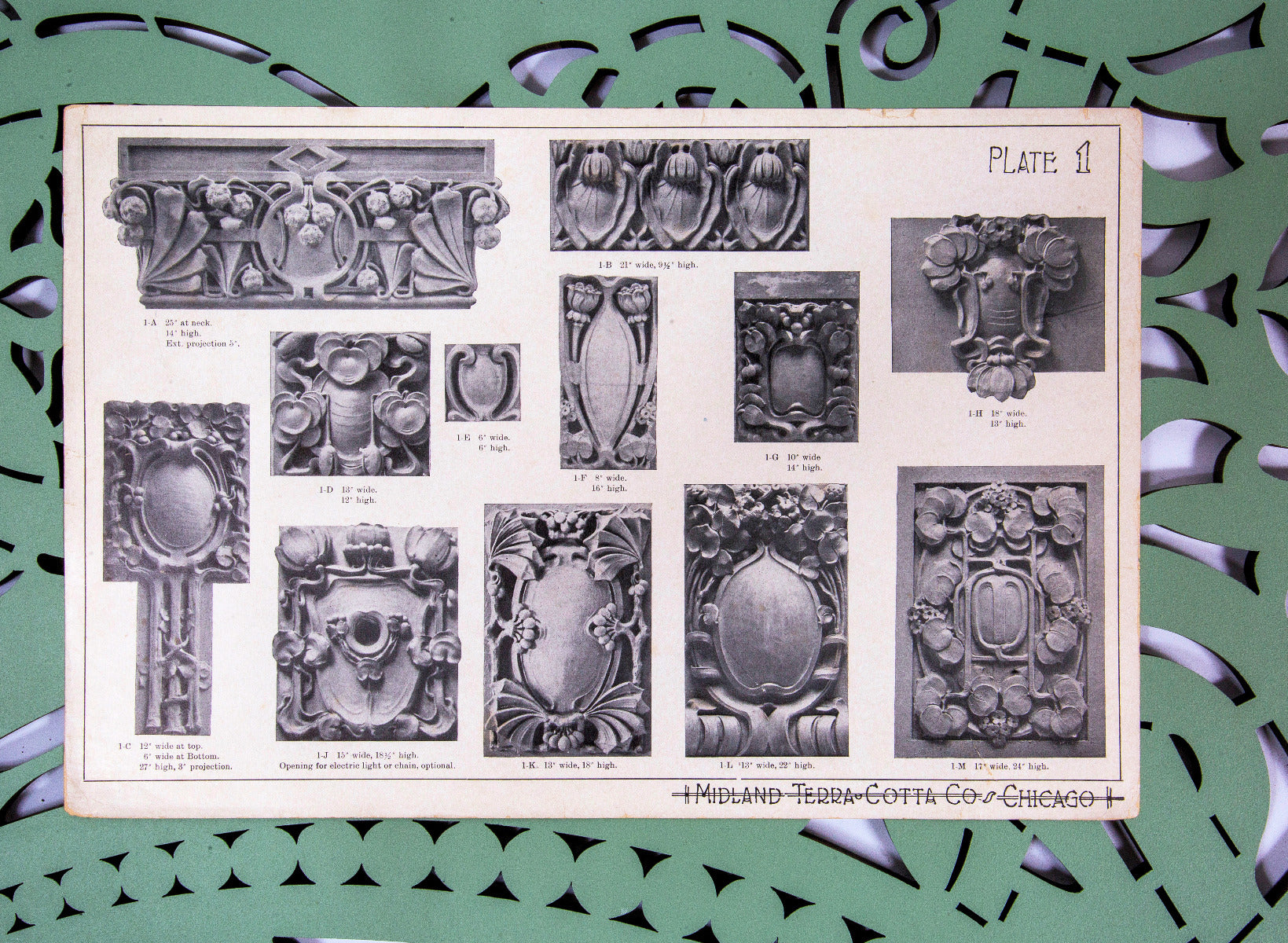 collection of seldom found original early 20th century midland terra cotta company building ornament catalog plates
