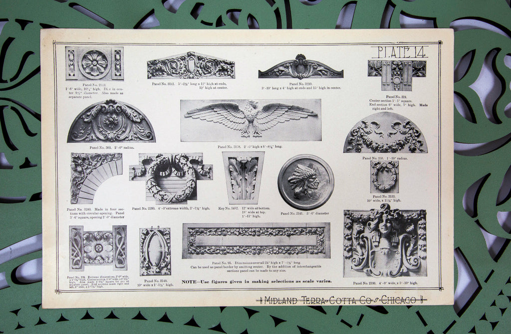 collection of seldom found original early 20th century midland terra cotta company building ornament catalog plates