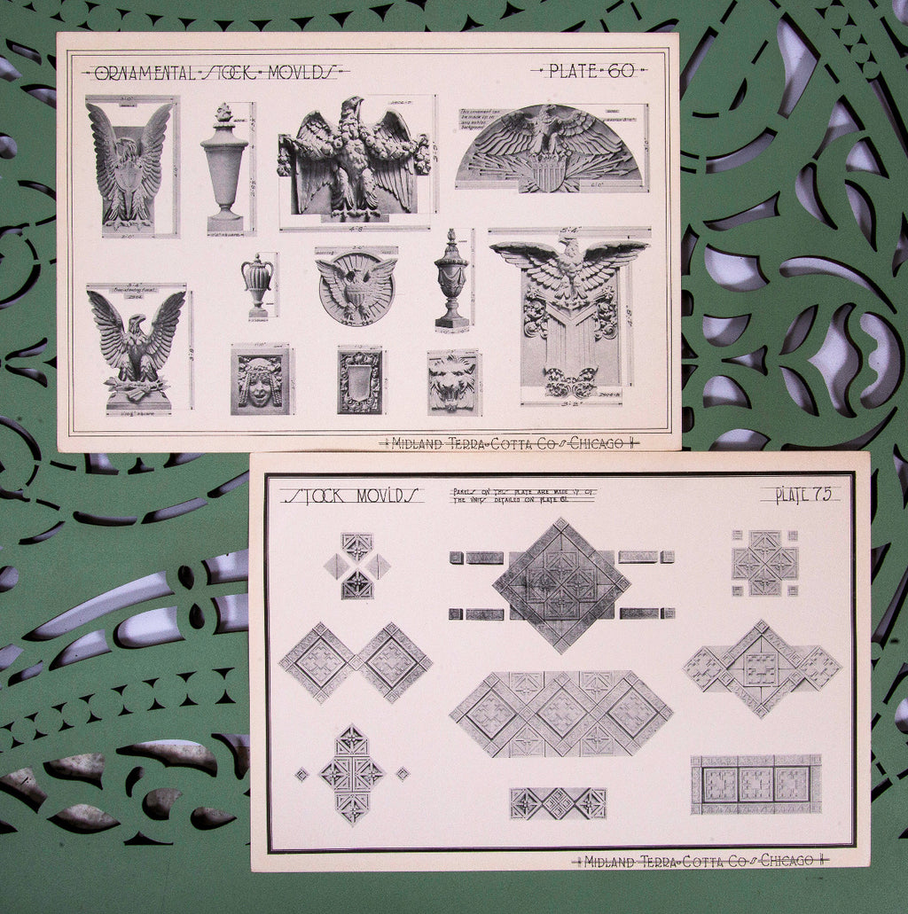 collection of seldom found original early 20th century midland terra cotta company building ornament catalog plates