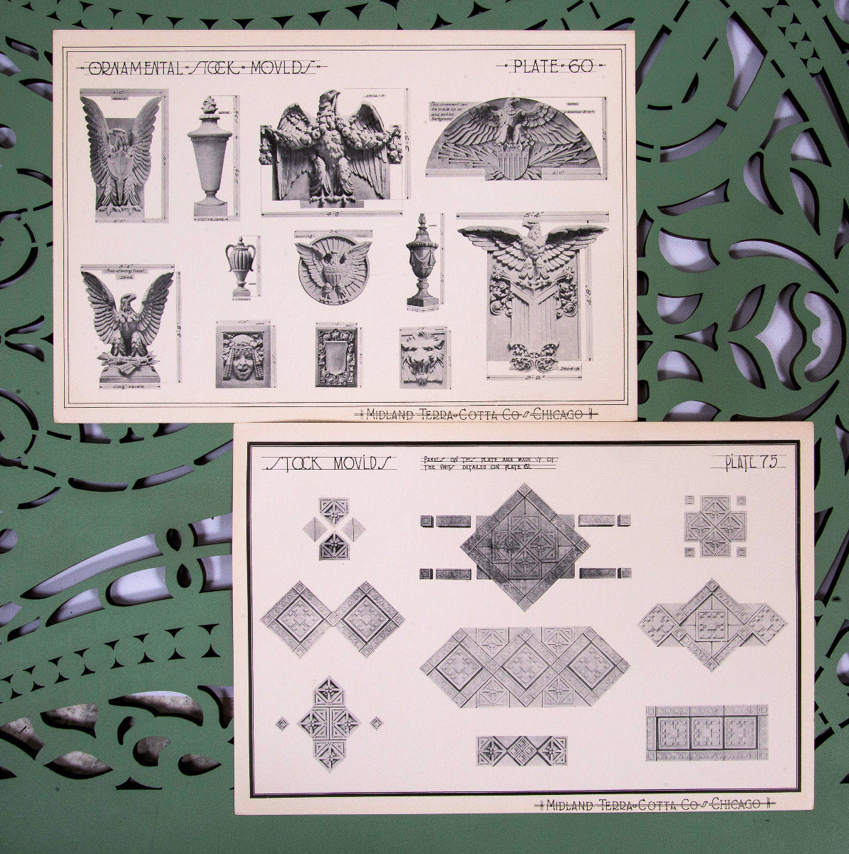 collection of seldom found original early 20th century midland terra cotta company building ornament catalog plates