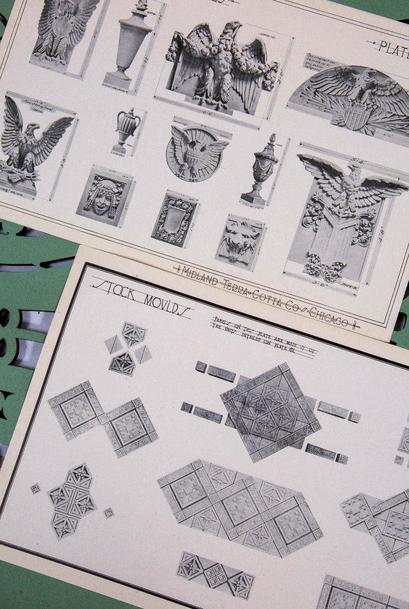 collection of seldom found original early 20th century midland terra cotta company building ornament catalog plates