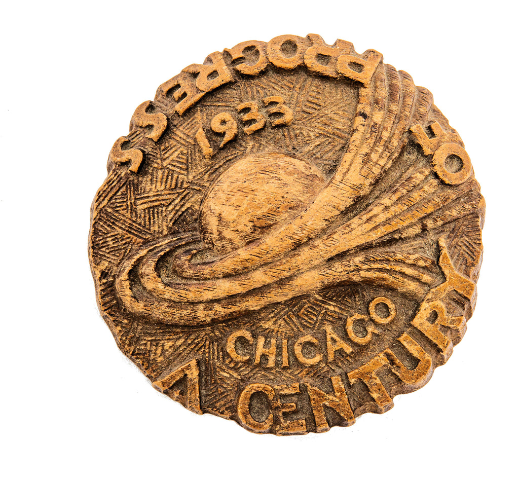 rare 1933-34 "century od progress" art deco style paperweight made by burwood products compaany, chicago, il.