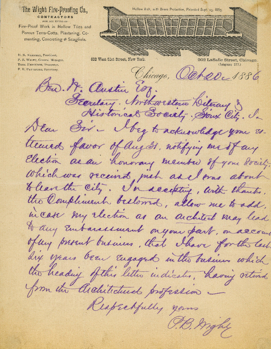 original 1886 signed peter b. wight letter on wight fireproofing company stationary