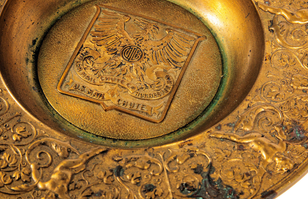 rare original gold-plated cast brass cutler mail chute company cast brass salesman  or advertising tray