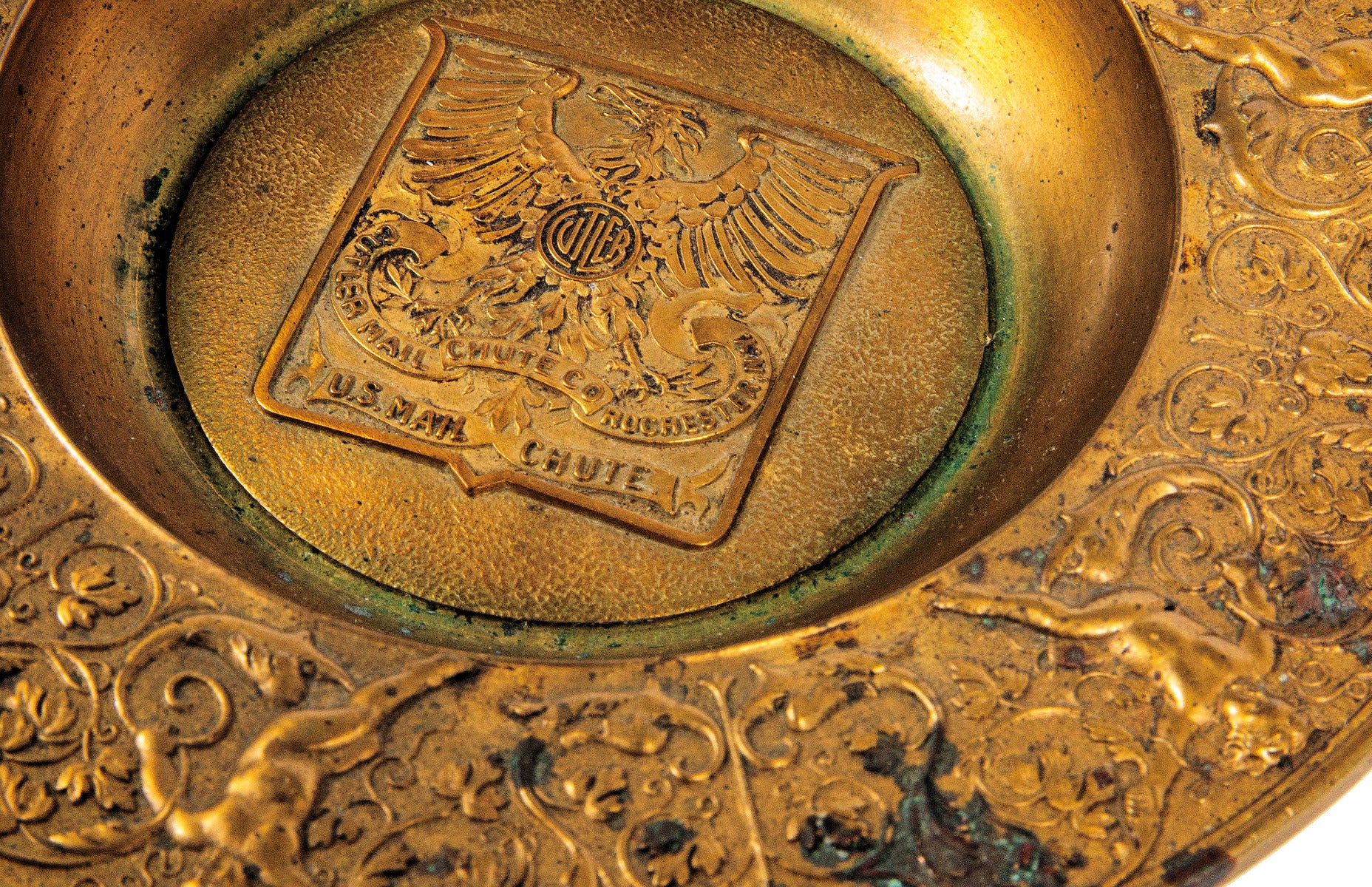 rare original gold-plated cast brass cutler mail chute company cast brass salesman  or advertising tray