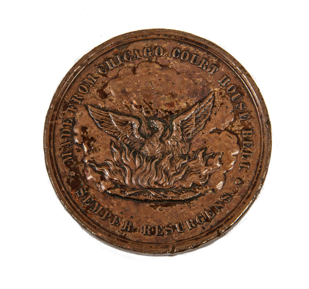 pocket-sized "souvenir" medal representing the first anniversary of the "great chicago fire" of 1871