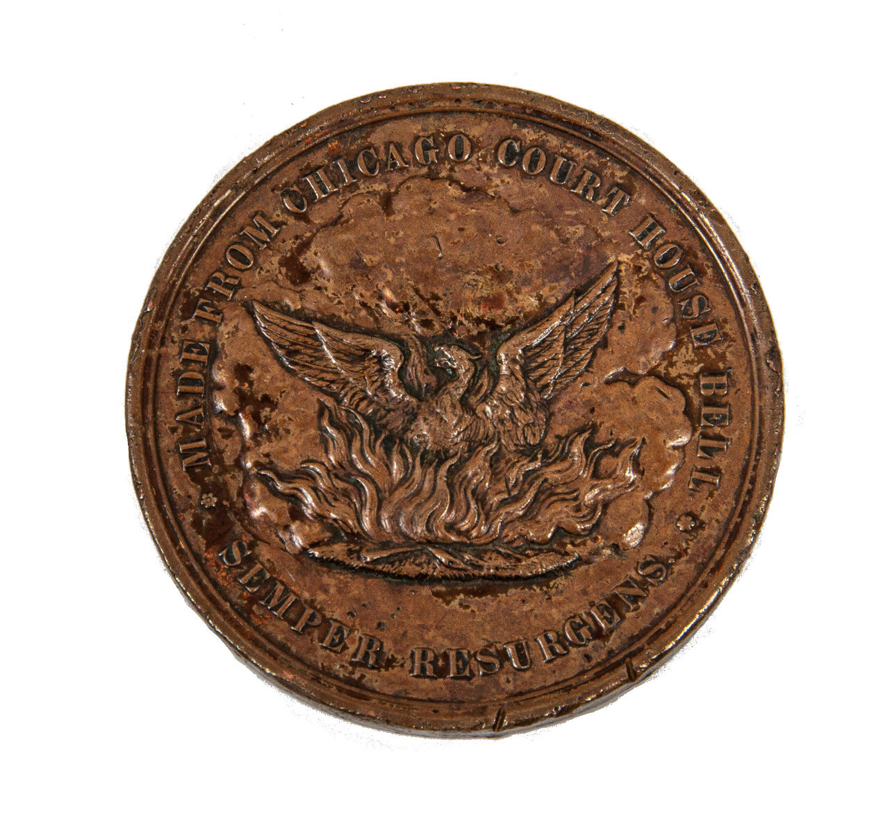 pocket-sized "souvenir" medal representing the first anniversary of the "great chicago fire" of 1871