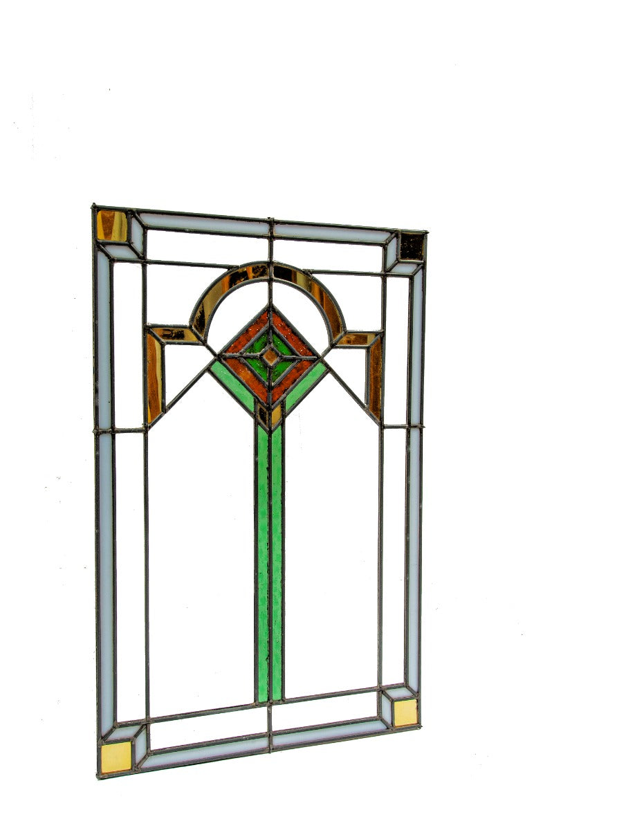 one of two 1910-15 original foster and munger "chicago style" strongly geometric prairie school art glass window