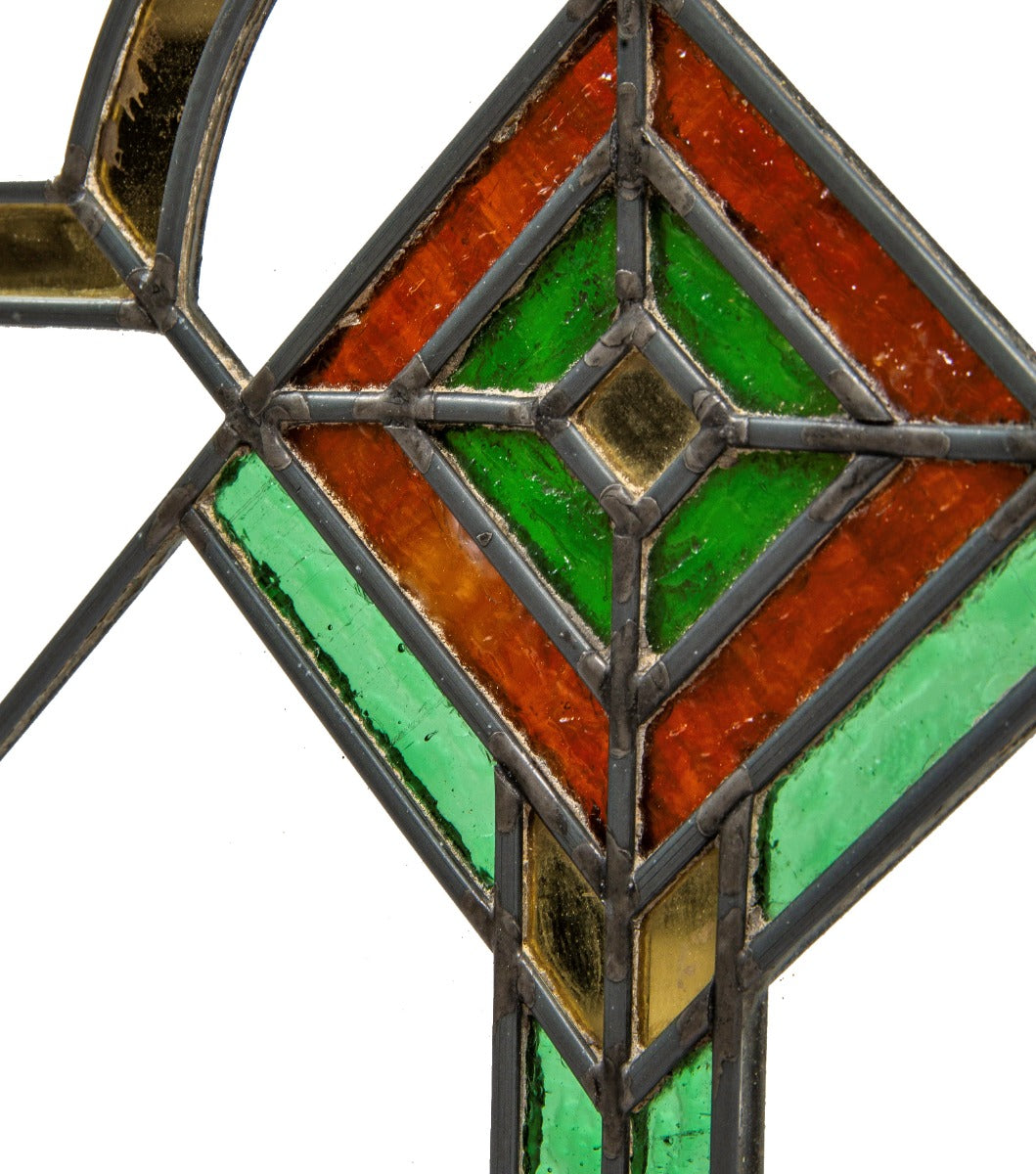one of two 1910-15 original foster and munger "chicago style" strongly geometric prairie school art glass window