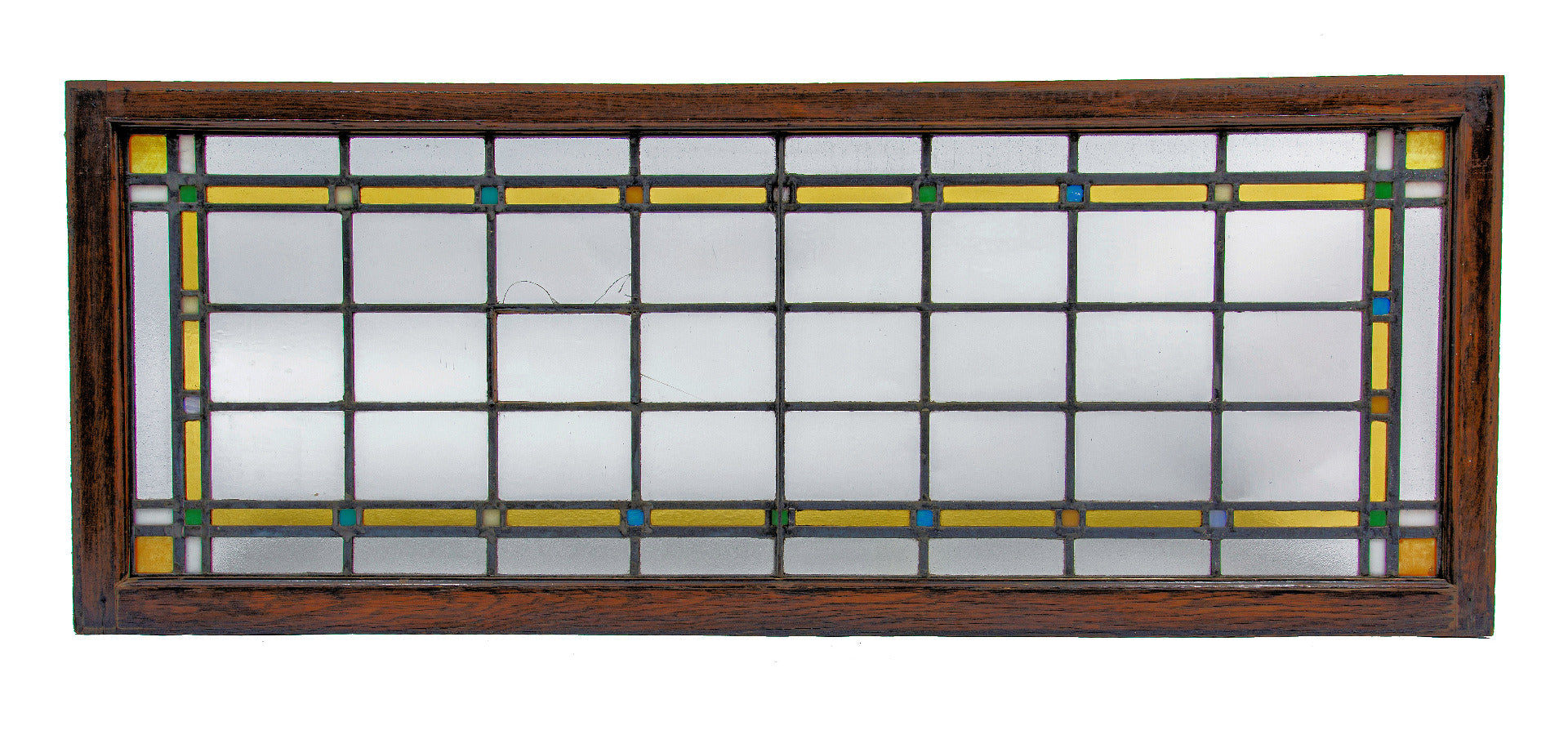 original and largely intact 1926 george grant elmslie leaded art glass transom panel for w.f williamson advertising service factory