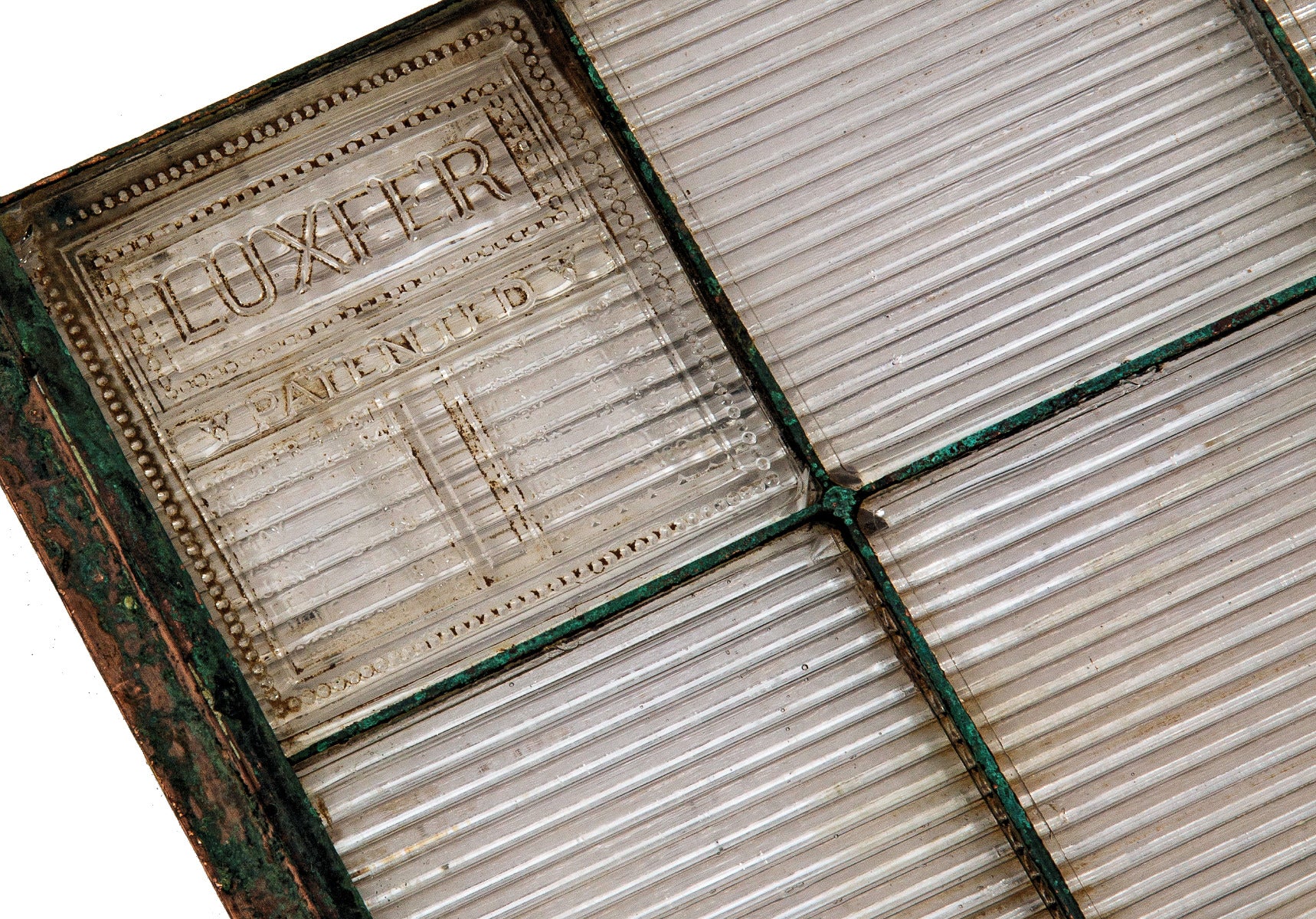 exceptionally rare 1890s early luxfer prism glass transom panel with intact frank lloyd wright-designed patent panel