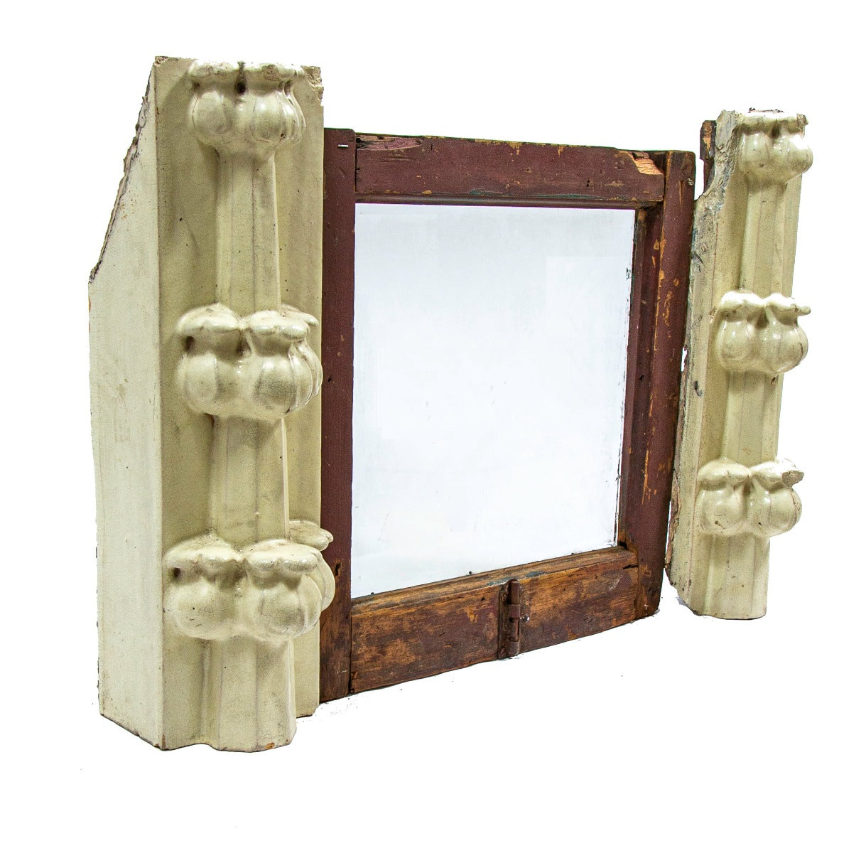 original white glazed terra cotta reliance building roofline module with intact wood sash frame and plate glass window