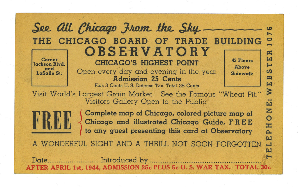 original 1944 chicago board of trade building observatory admission ticket stub