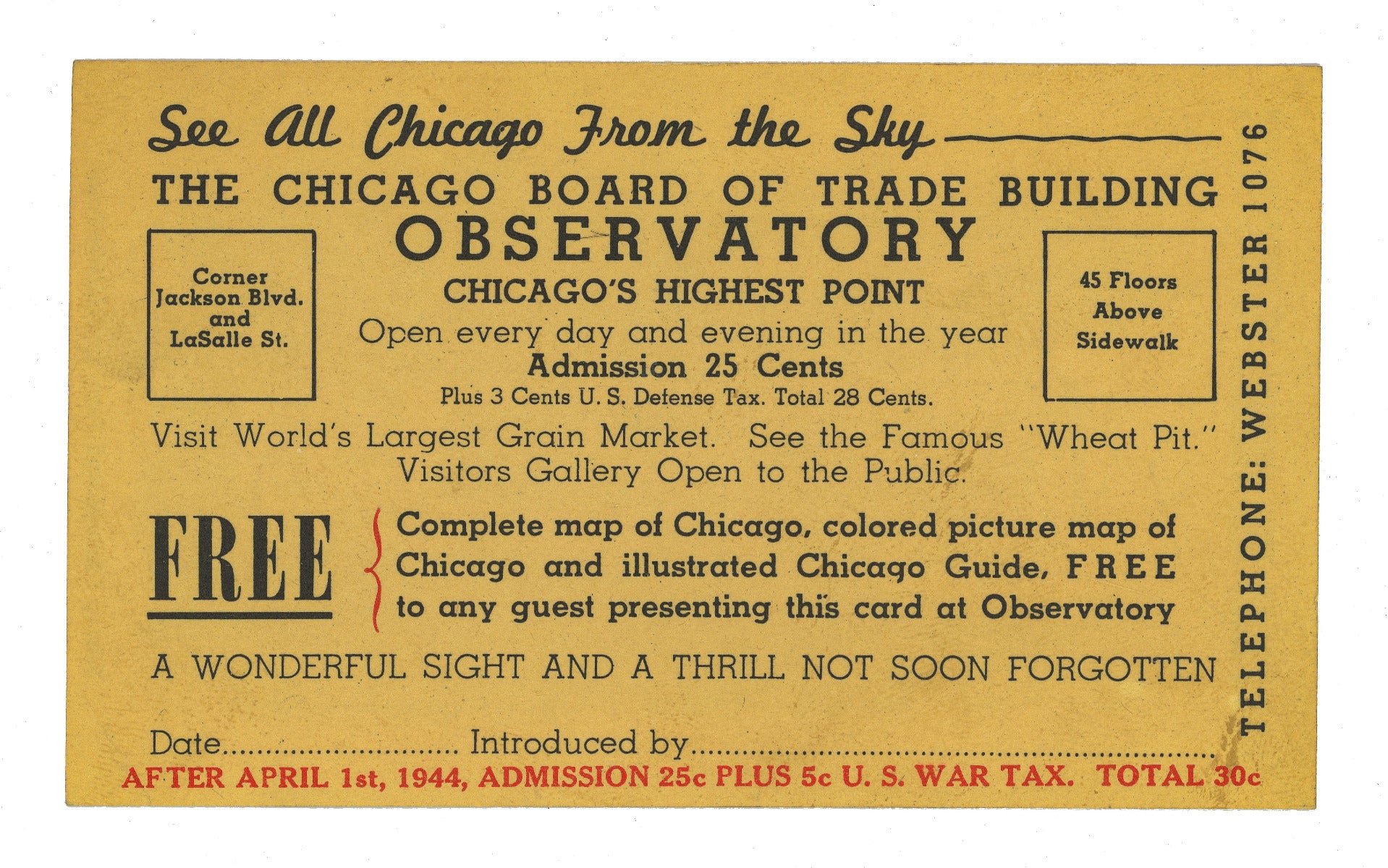 original 1944 chicago board of trade building observatory admission ticket stub