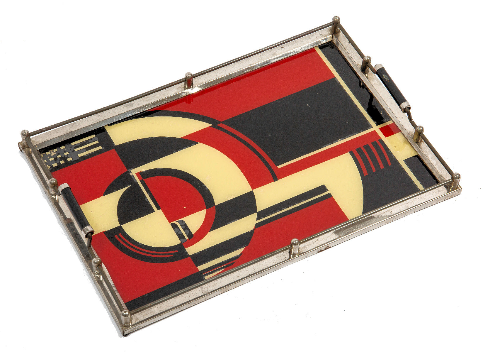 iconic museum-quality 1930's american art deco style brilliantly colored reverse-painted glass tray with intact opposed chrome and painted wood handles