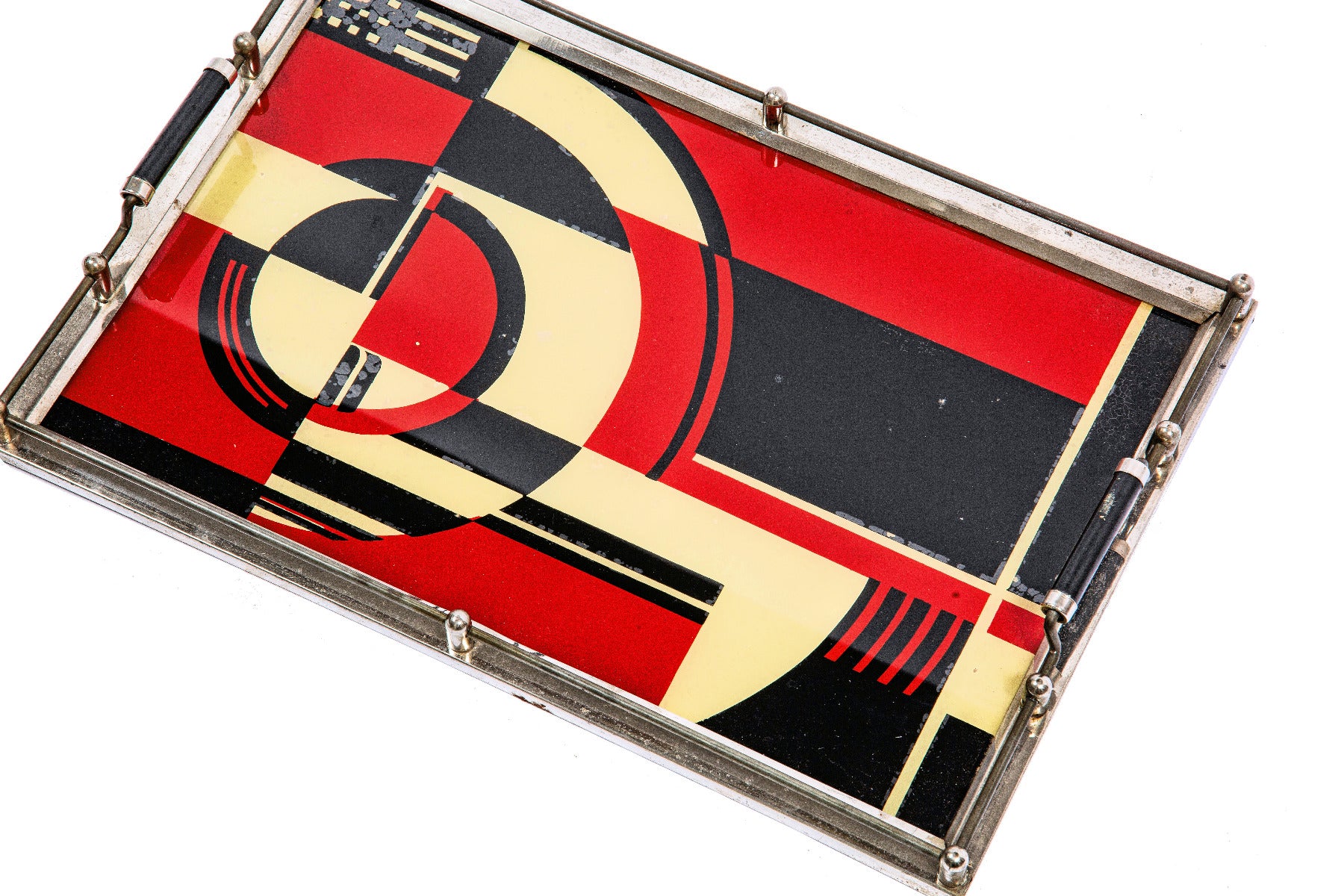 iconic museum-quality 1930's american art deco style brilliantly colored reverse-painted glass tray with intact opposed chrome and painted wood handles