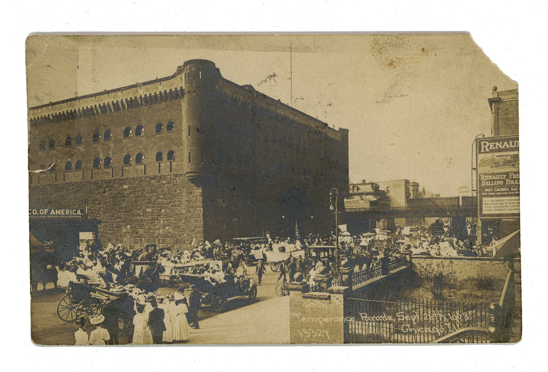 1908 real photographic postcard (rppc) of burnham and root’s heavily fortified 5-story first regiment armory building (1890-1967), located at 1552 s. michigan avenue, chicago, il.