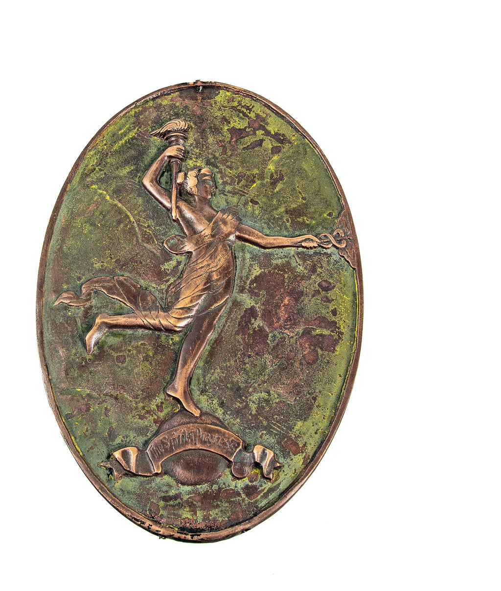 rare original 1920s cast bronze montgomery ward interior elevator door plaque with "spirit of progress" diana weathervane