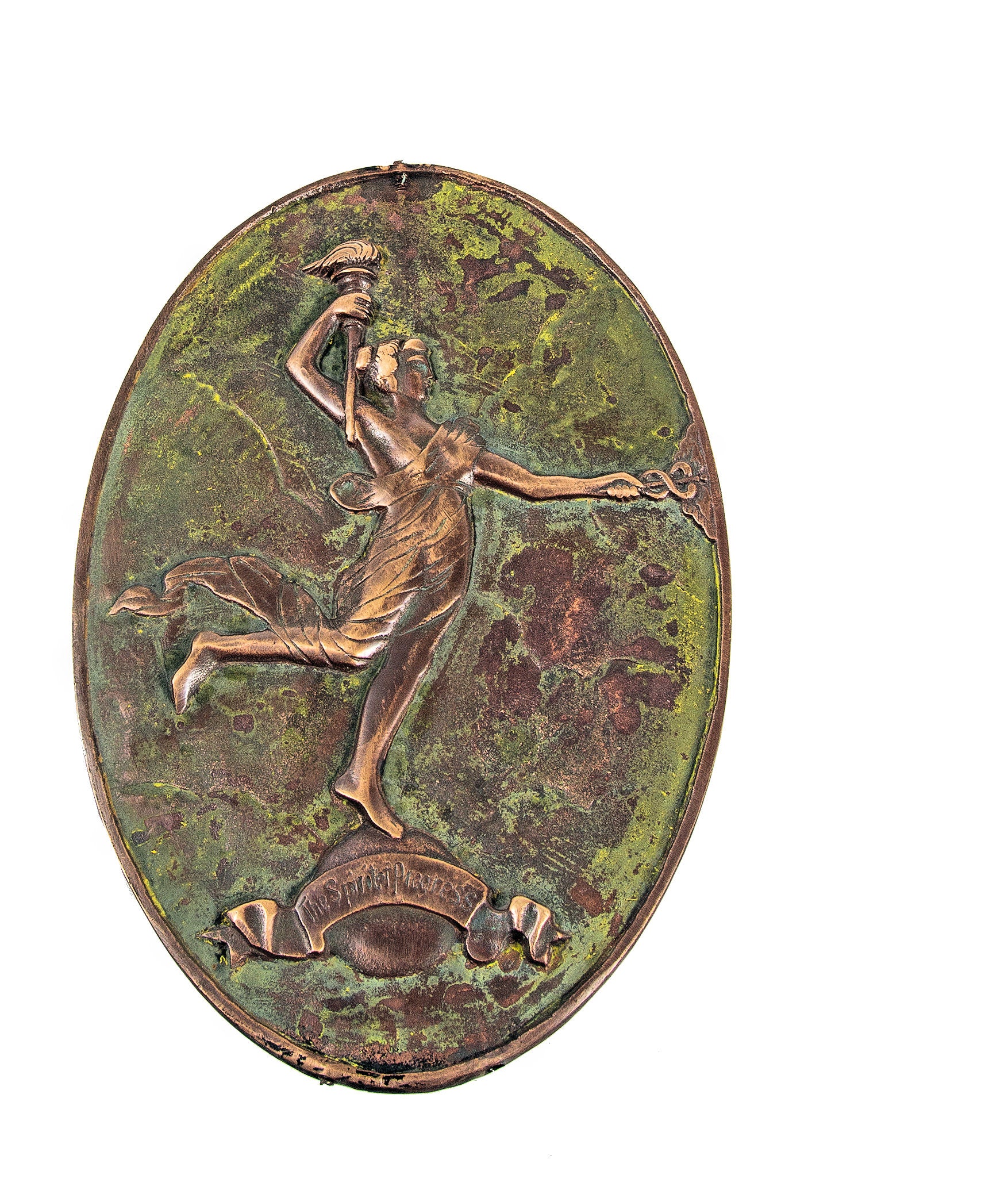 rare original 1920s cast bronze montgomery ward interior elevator door plaque with "spirit of progress" diana weathervane