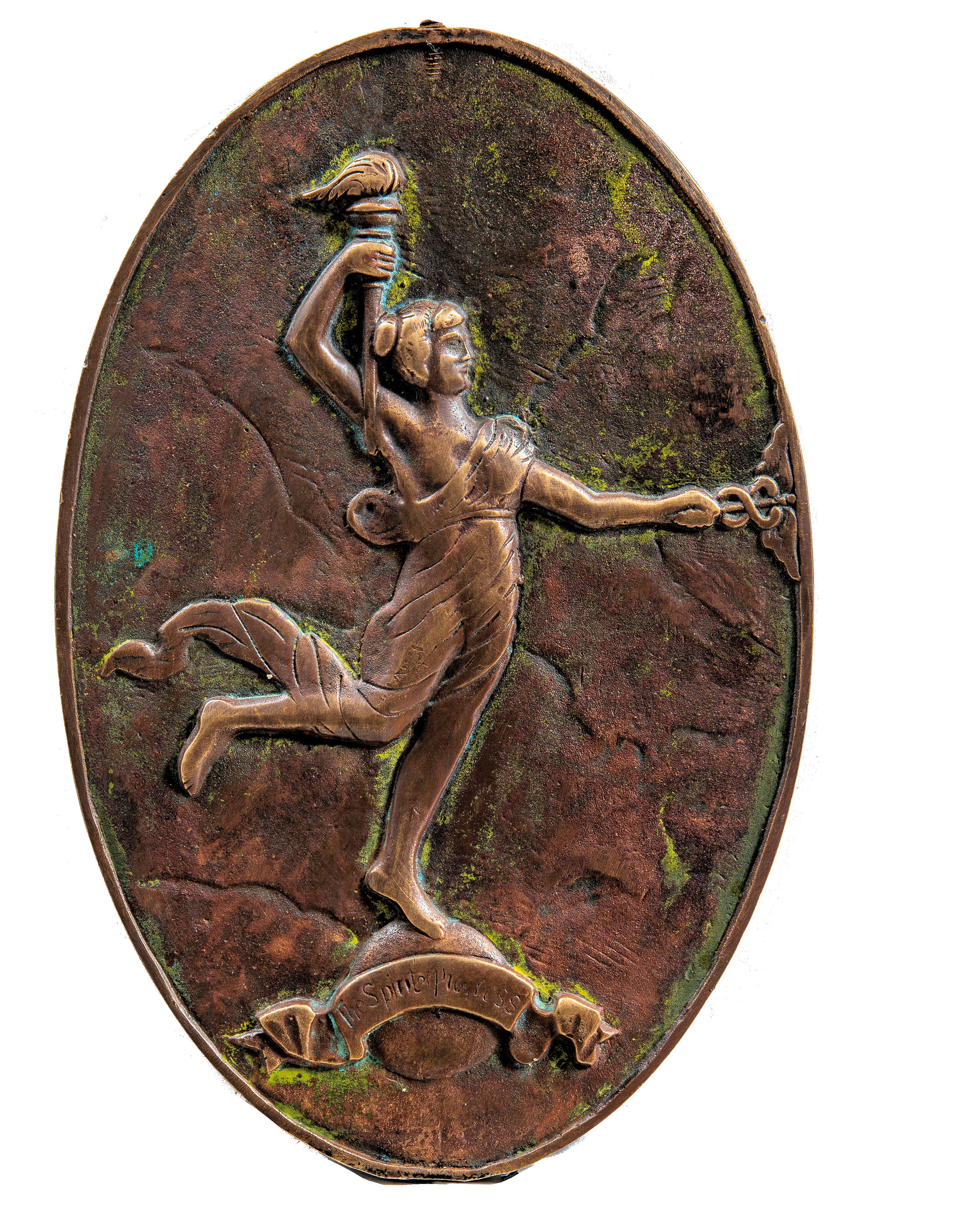 rare original 1920s cast bronze montgomery ward interior elevator door plaque with "spirit of progress" diana weathervane