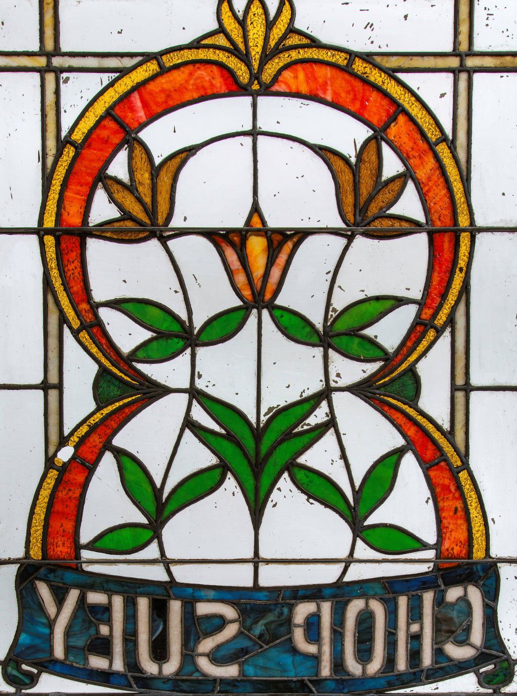 rare early 20th century "chop suey" leaded glass window from chicago area chinese restaurant