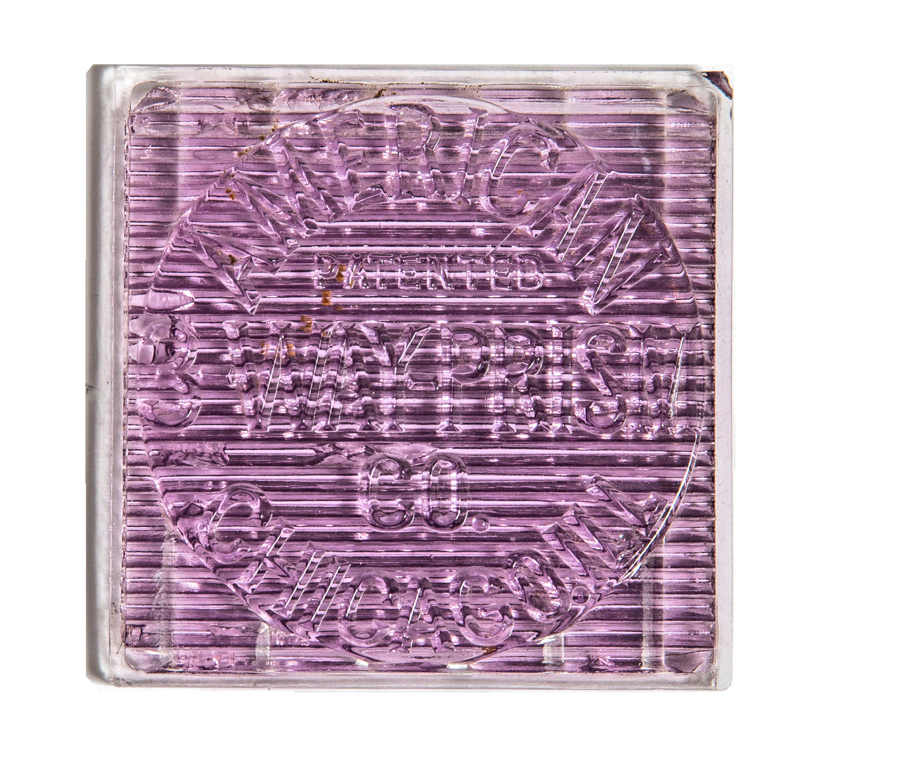 rare early 20th century sun-purple american 3-way luxfer prism glass company lightly embossed building transom glass tile