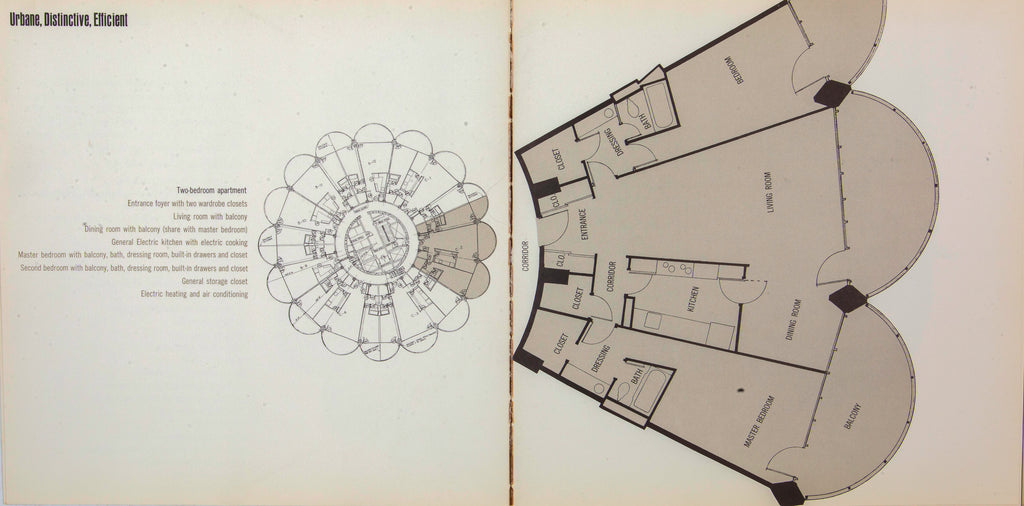 original and largely intact 1962 marina city (bertrand goldberg, 1964-68) prospectus showcasing the building’s distinctive architectural elements with floor plans, site layouts, models, and photographs.