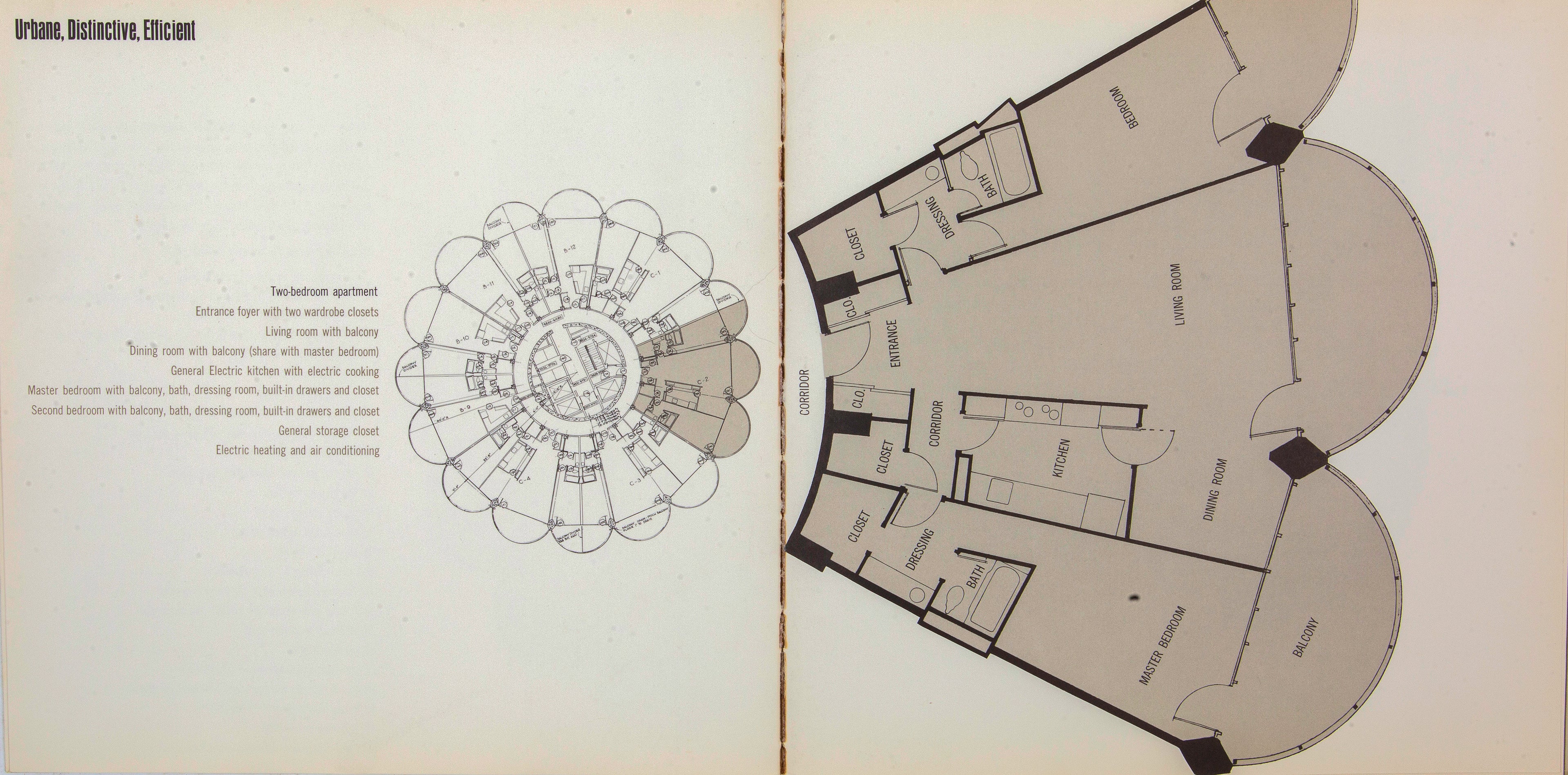 original and largely intact 1962 marina city (bertrand goldberg, 1964-68) prospectus showcasing the building’s distinctive architectural elements with floor plans, site layouts, models, and photographs.