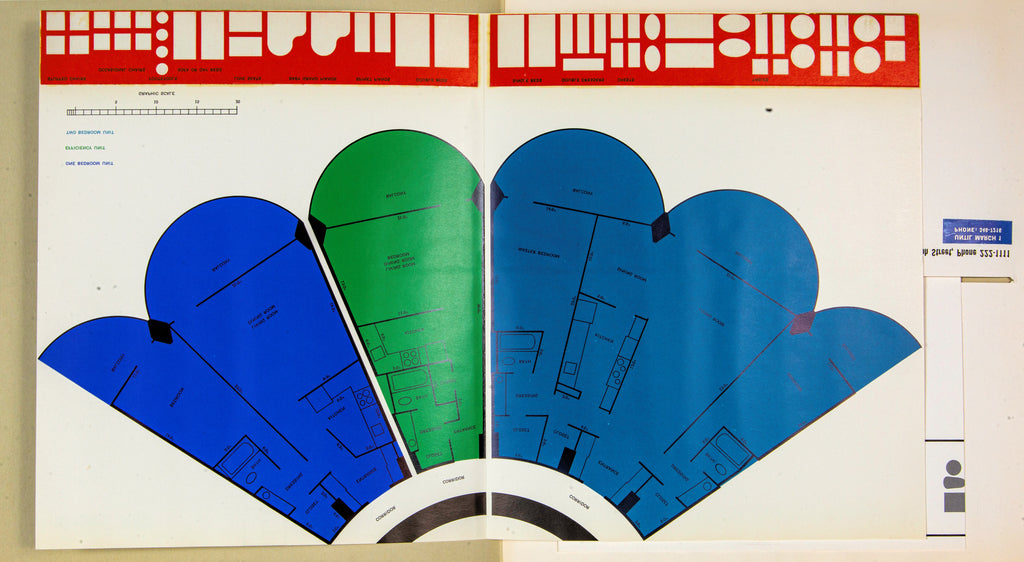 original and largely intact 1962 marina city (bertrand goldberg, 1964-68) prospectus showcasing the building’s distinctive architectural elements with floor plans, site layouts, models, and photographs.