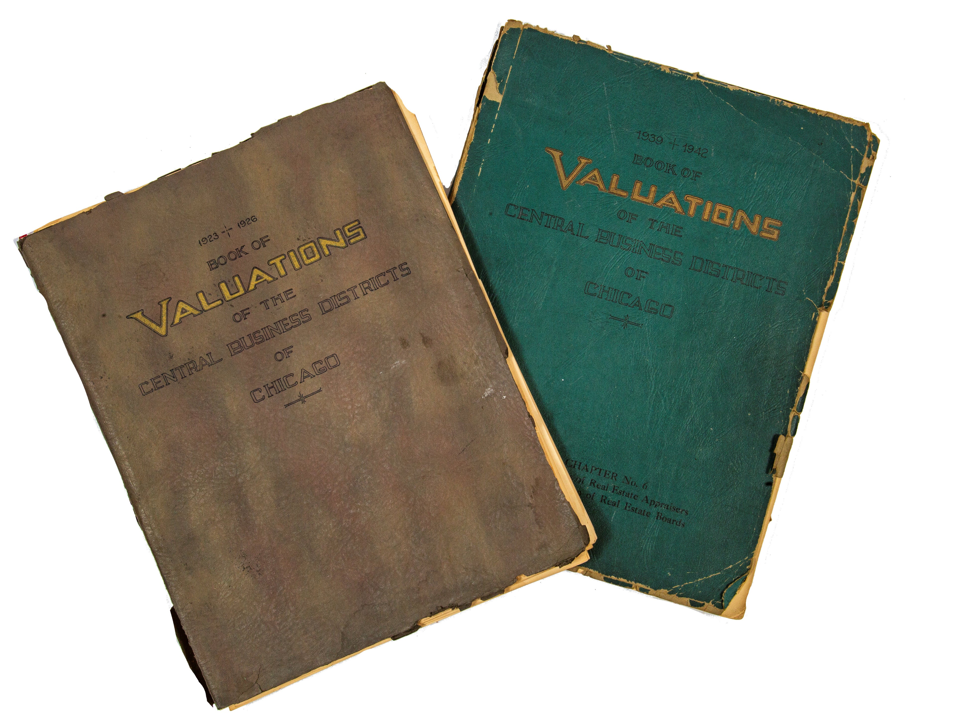 two original "book of valuations of the central business districts of chicago" for the years 1927-1930 and 1939-1942.