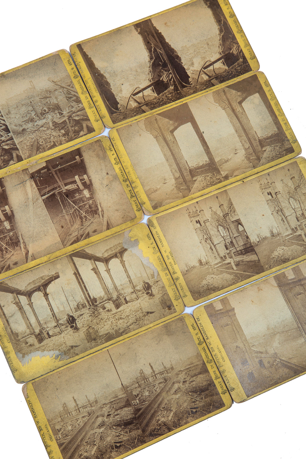 group of eight original lovejoy and foster great chicago fire of 1871 stereoview cards with descriptions on verso