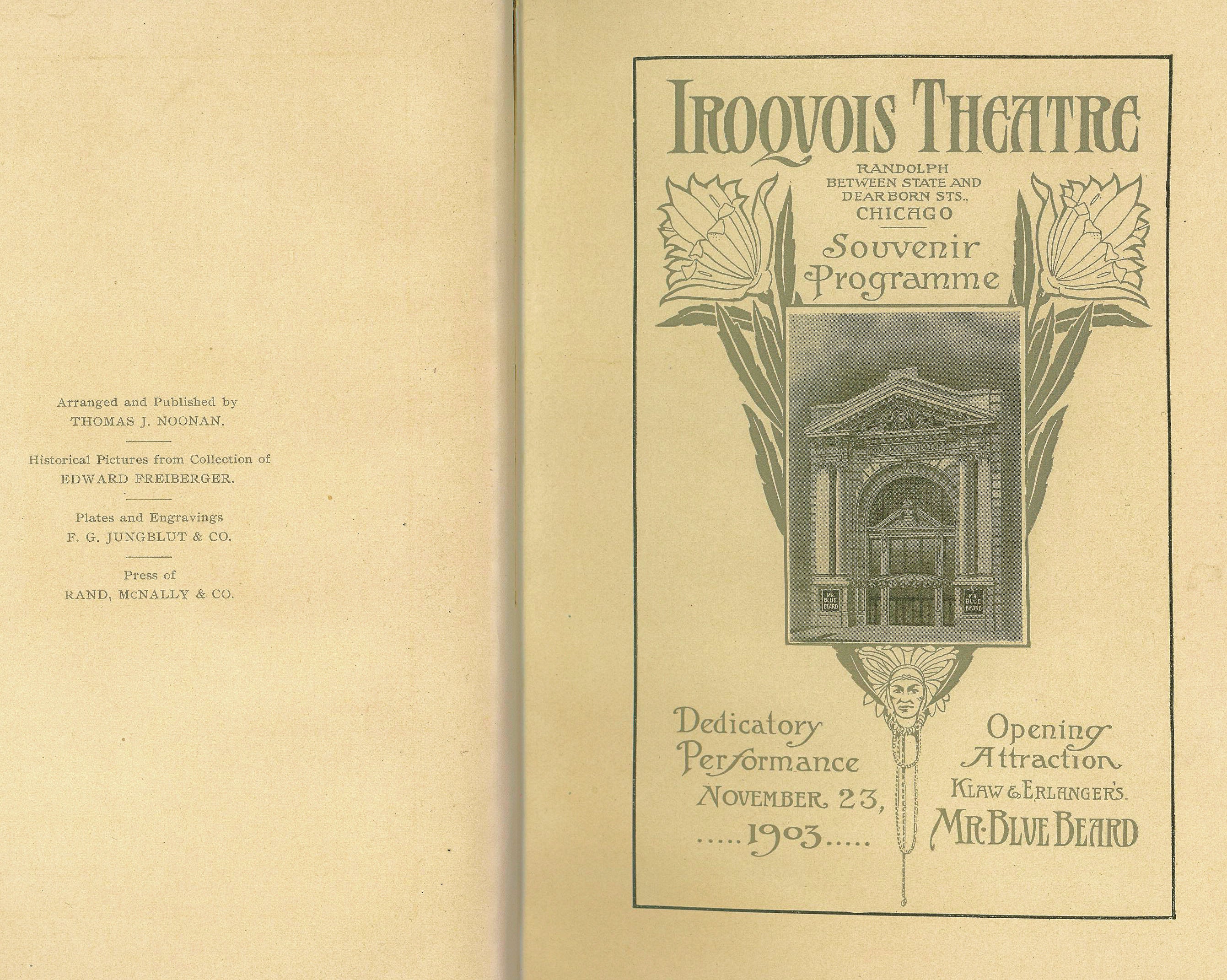 a rare, original, signed and dated hardbound souvenir program or dedication book on the iroquois theater, published by rand, mcnally &amp; co. in 1903.