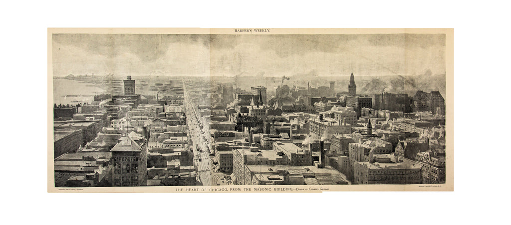 original folio-size, black-and-white lithographic centerfold print of "the heart of chicago, from the masonic building" drawn by charles graham and published in the october 29, 1892 issue of harper's weekly.