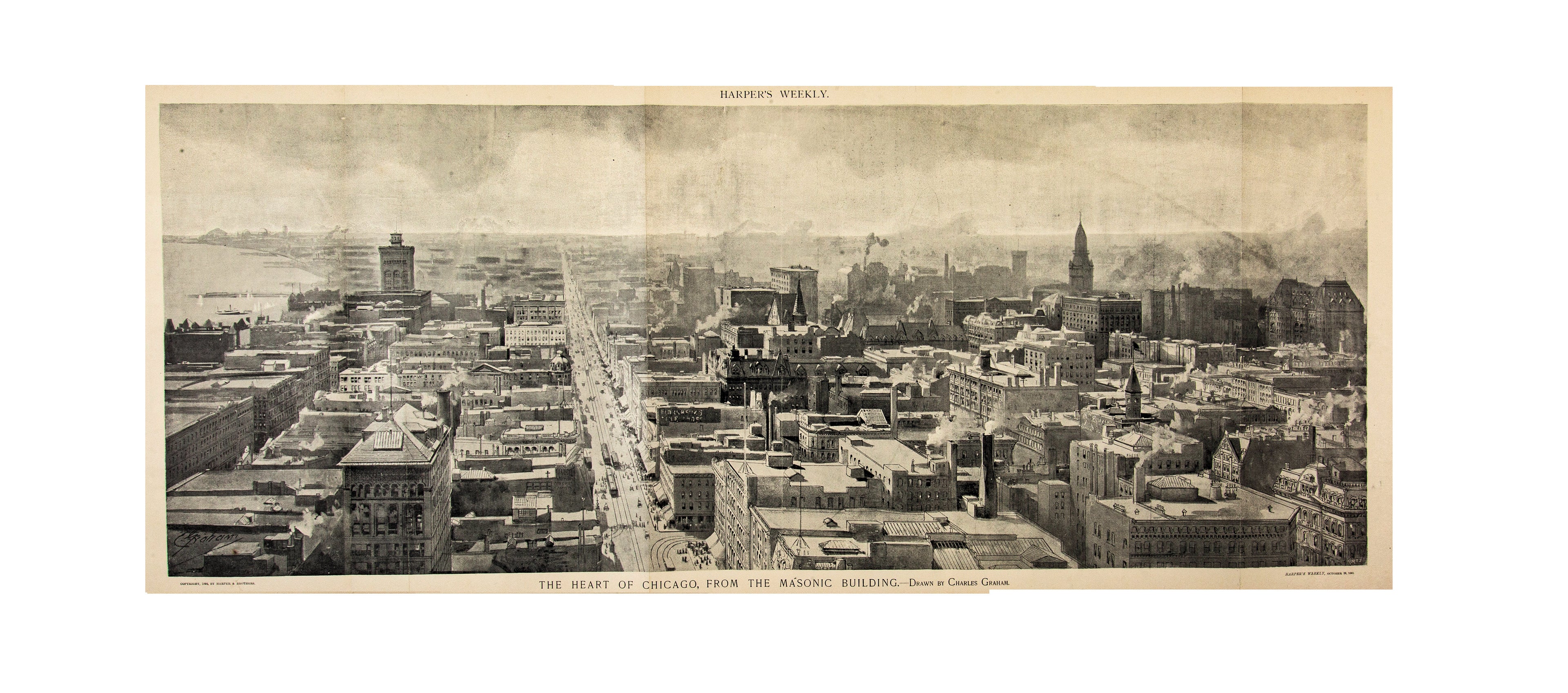 original folio-size, black-and-white lithographic centerfold print of "the heart of chicago, from the masonic building" drawn by charles graham and published in the october 29, 1892 issue of harper's weekly.