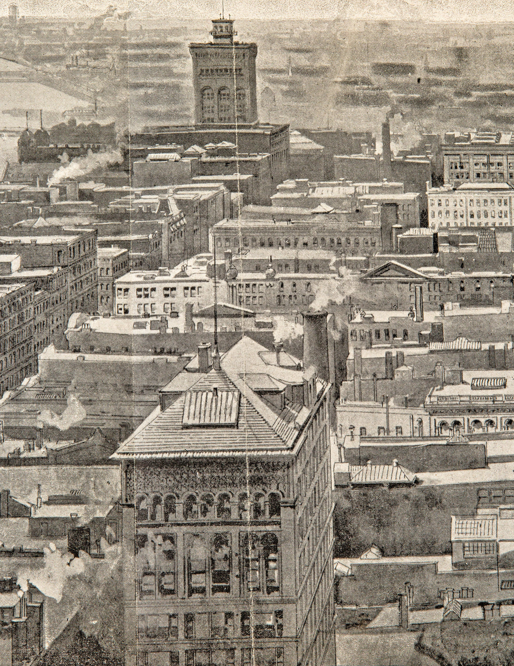 original folio-size, black-and-white lithographic centerfold print of "the heart of chicago, from the masonic building" drawn by charles graham and published in the october 29, 1892 issue of harper's weekly.