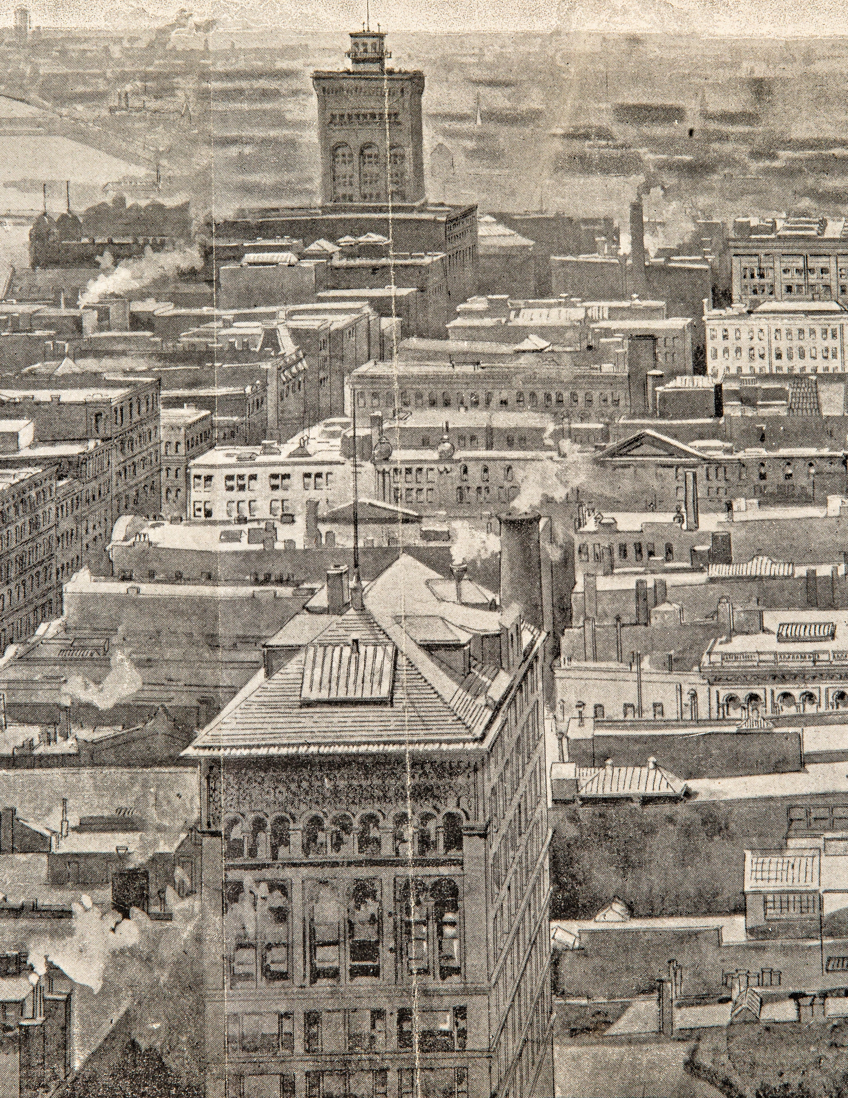 original folio-size, black-and-white lithographic centerfold print of "the heart of chicago, from the masonic building" drawn by charles graham and published in the october 29, 1892 issue of harper's weekly.