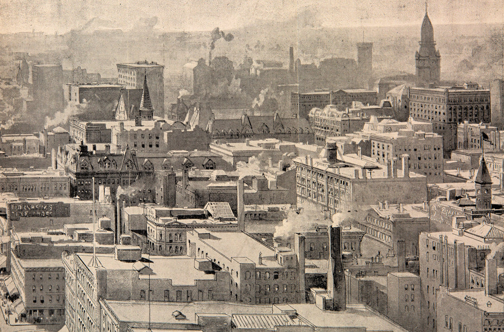 original folio-size, black-and-white lithographic centerfold print of "the heart of chicago, from the masonic building" drawn by charles graham and published in the october 29, 1892 issue of harper's weekly.