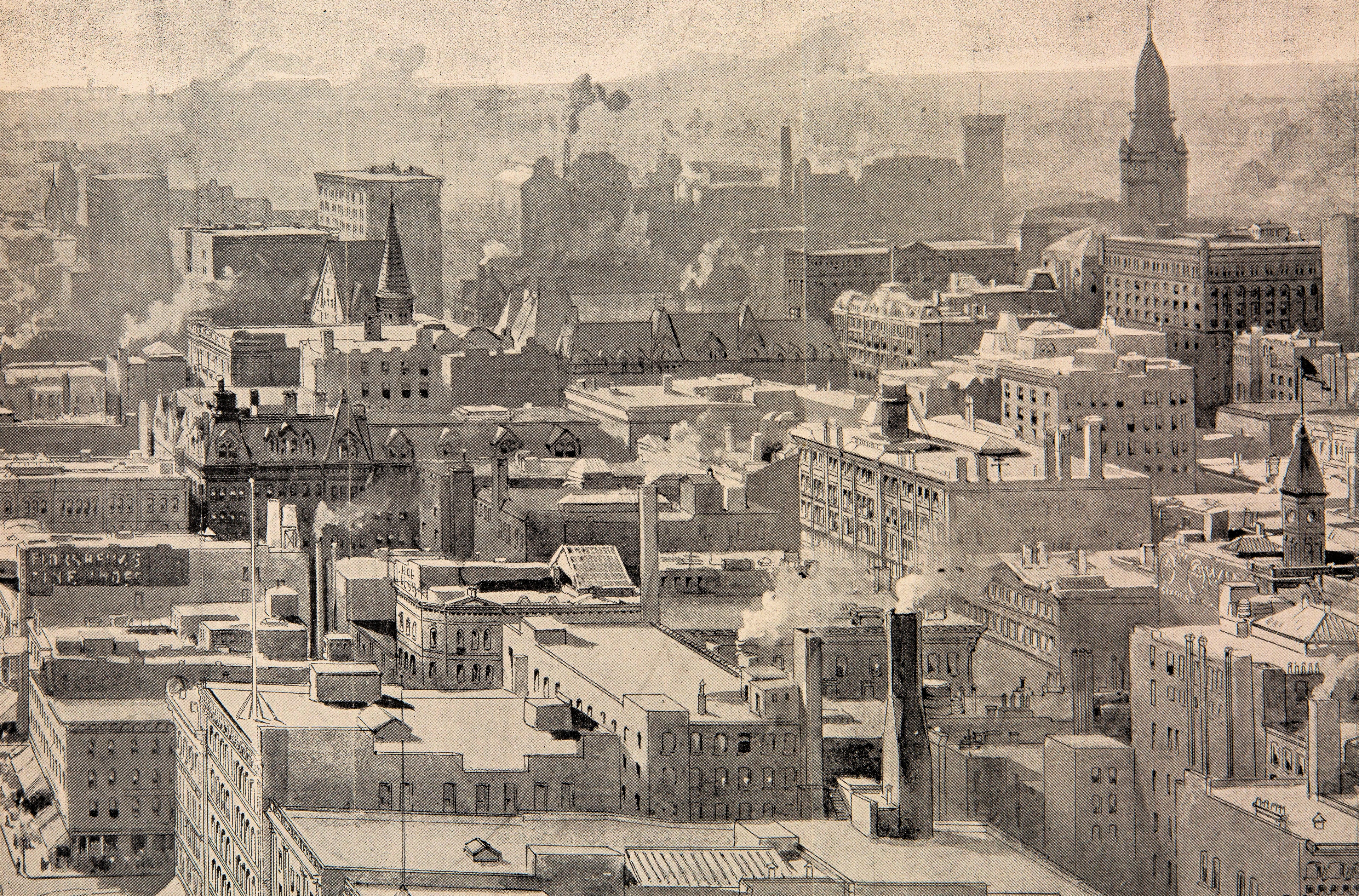 original folio-size, black-and-white lithographic centerfold print of "the heart of chicago, from the masonic building" drawn by charles graham and published in the october 29, 1892 issue of harper's weekly.