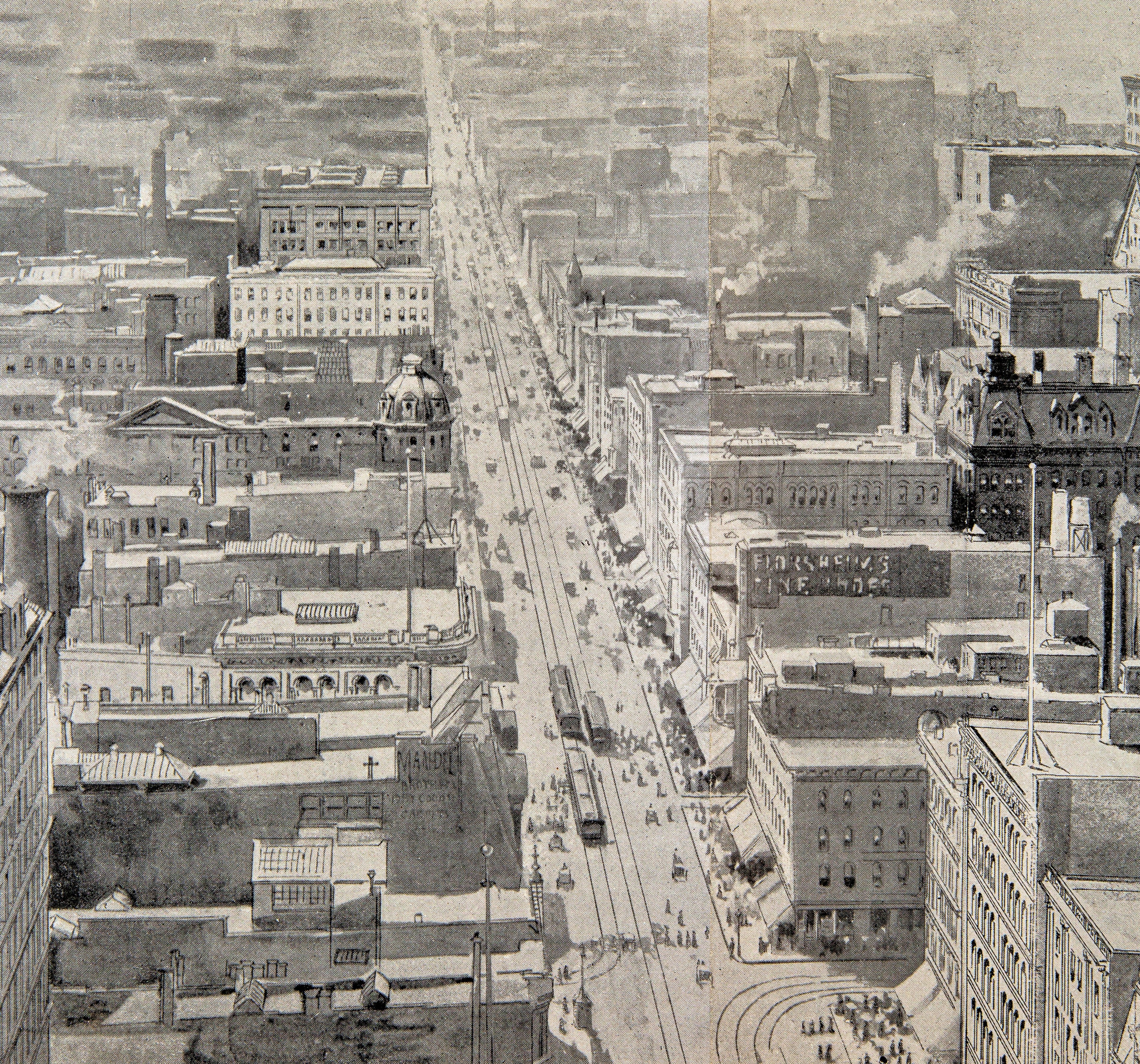 original folio-size, black-and-white lithographic centerfold print of "the heart of chicago, from the masonic building" drawn by charles graham and published in the october 29, 1892 issue of harper's weekly.
