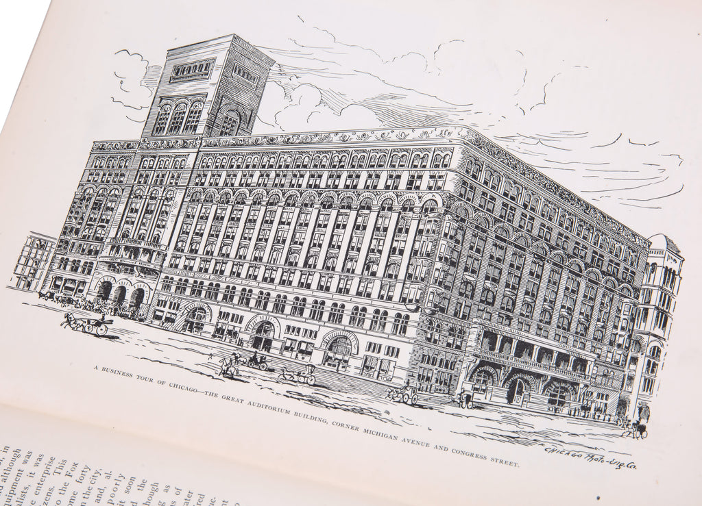 a selection of scans from the original illustrated book "a business tour of chicago depicting fifty years' progress" (e.e. barton, publishers, 1887), featuring sights, industries, history, notable people, and local reminiscences of the city.