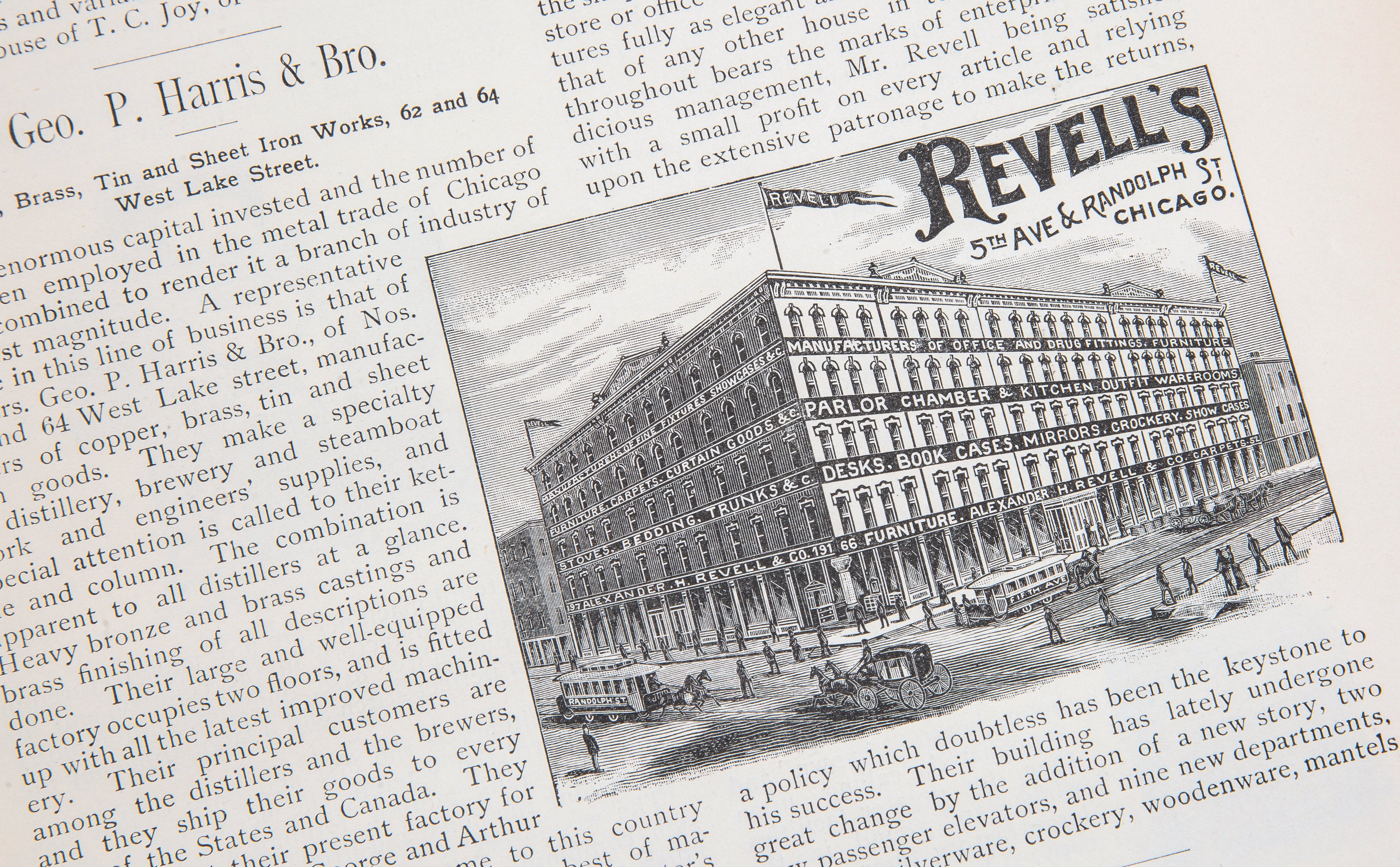 a selection of scans from the original illustrated book "a business tour of chicago depicting fifty years' progress" (e.e. barton, publishers, 1887), featuring sights, industries, history, notable people, and local reminiscences of the city.