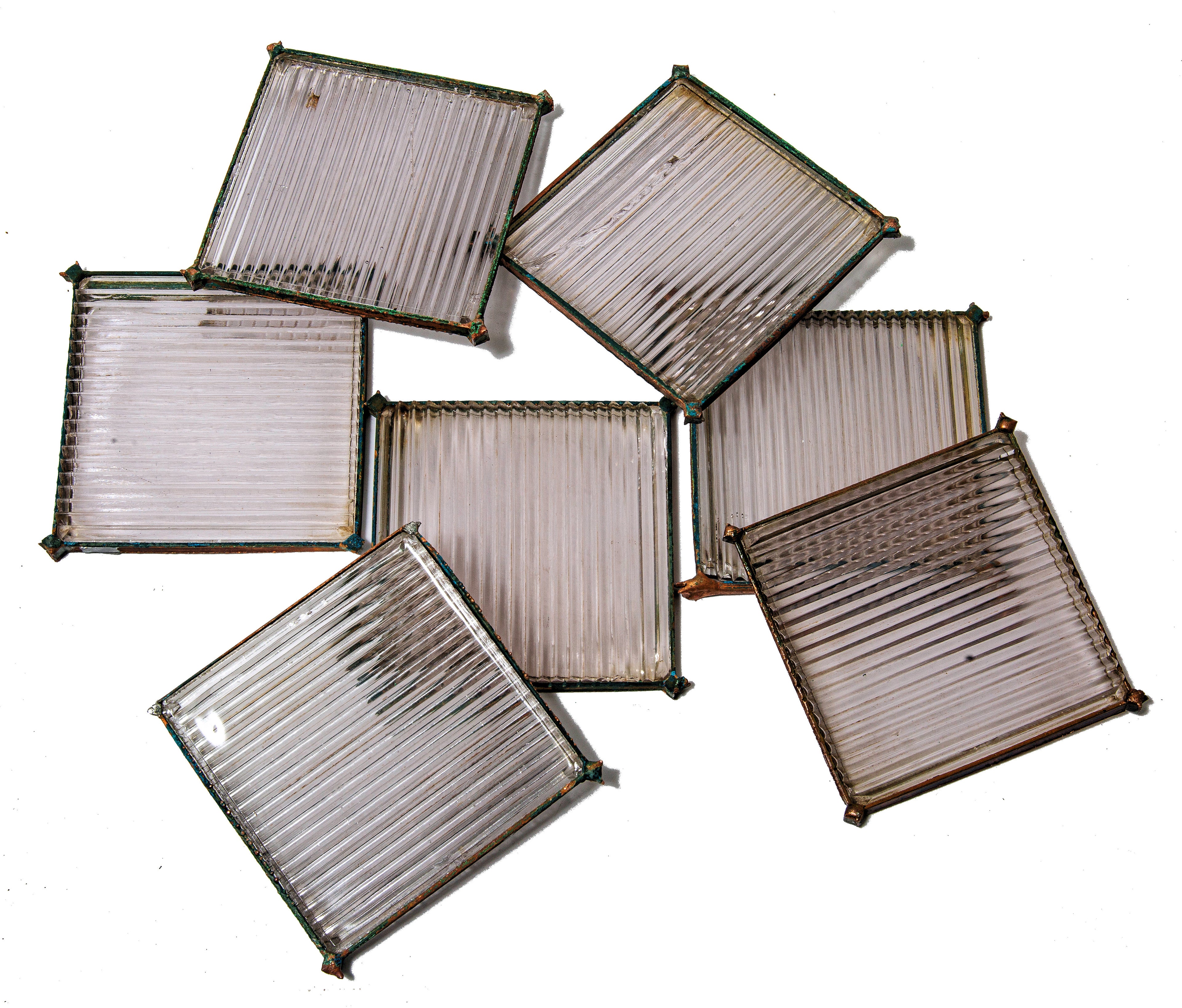 large lot of original 19th century rookery building luxfer prism glass tiles with intact sodered-joint copper caming