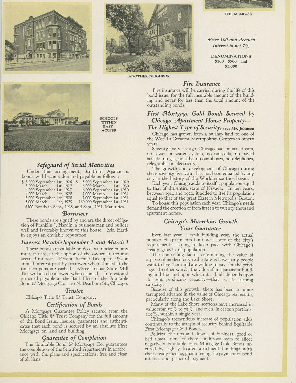 original promotional brochure for paul fredrick olsen's hotel stratford (1923), located at 4131 north sheridan road, chicago, il.