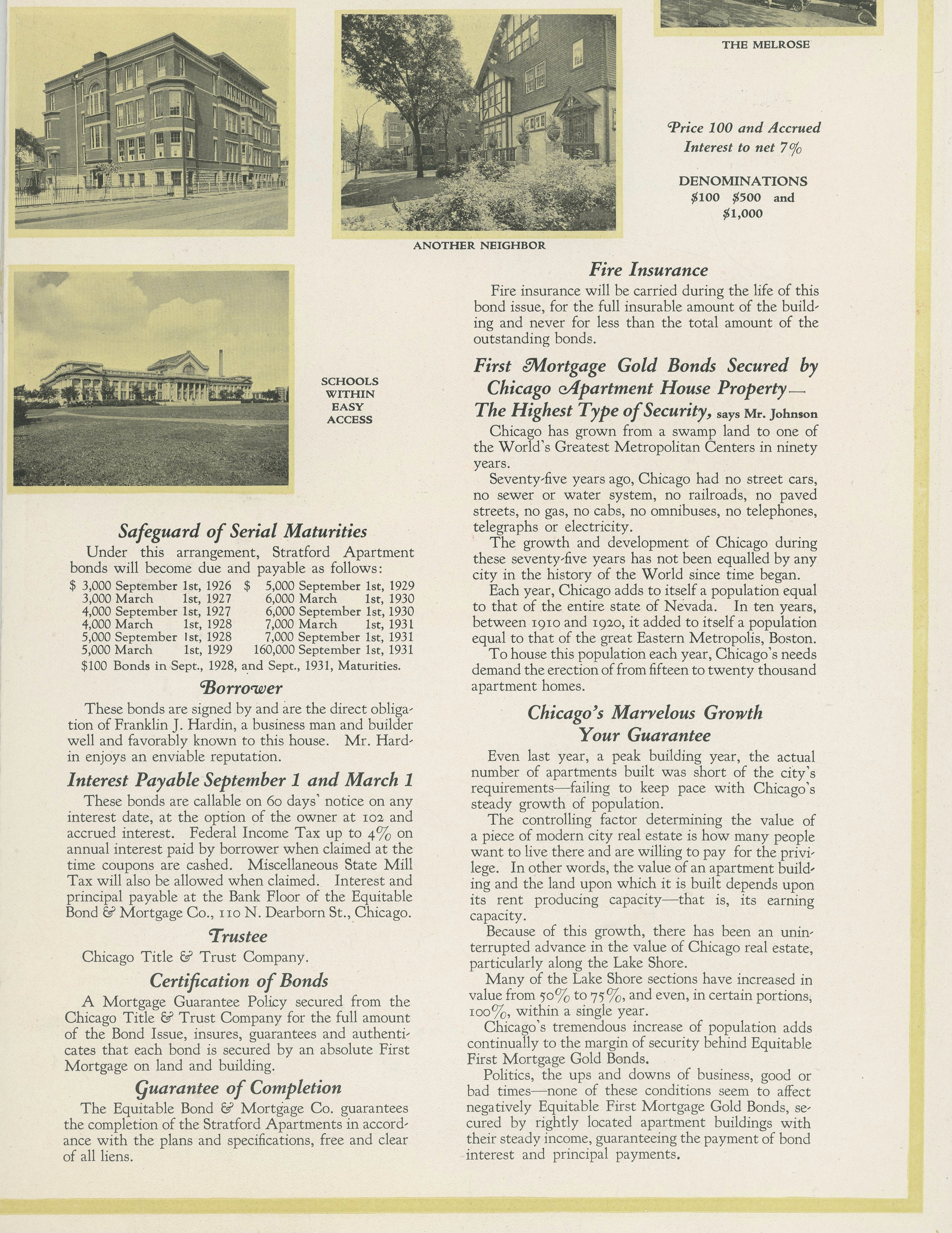 original promotional brochure for paul fredrick olsen's hotel stratford (1923), located at 4131 north sheridan road, chicago, il.