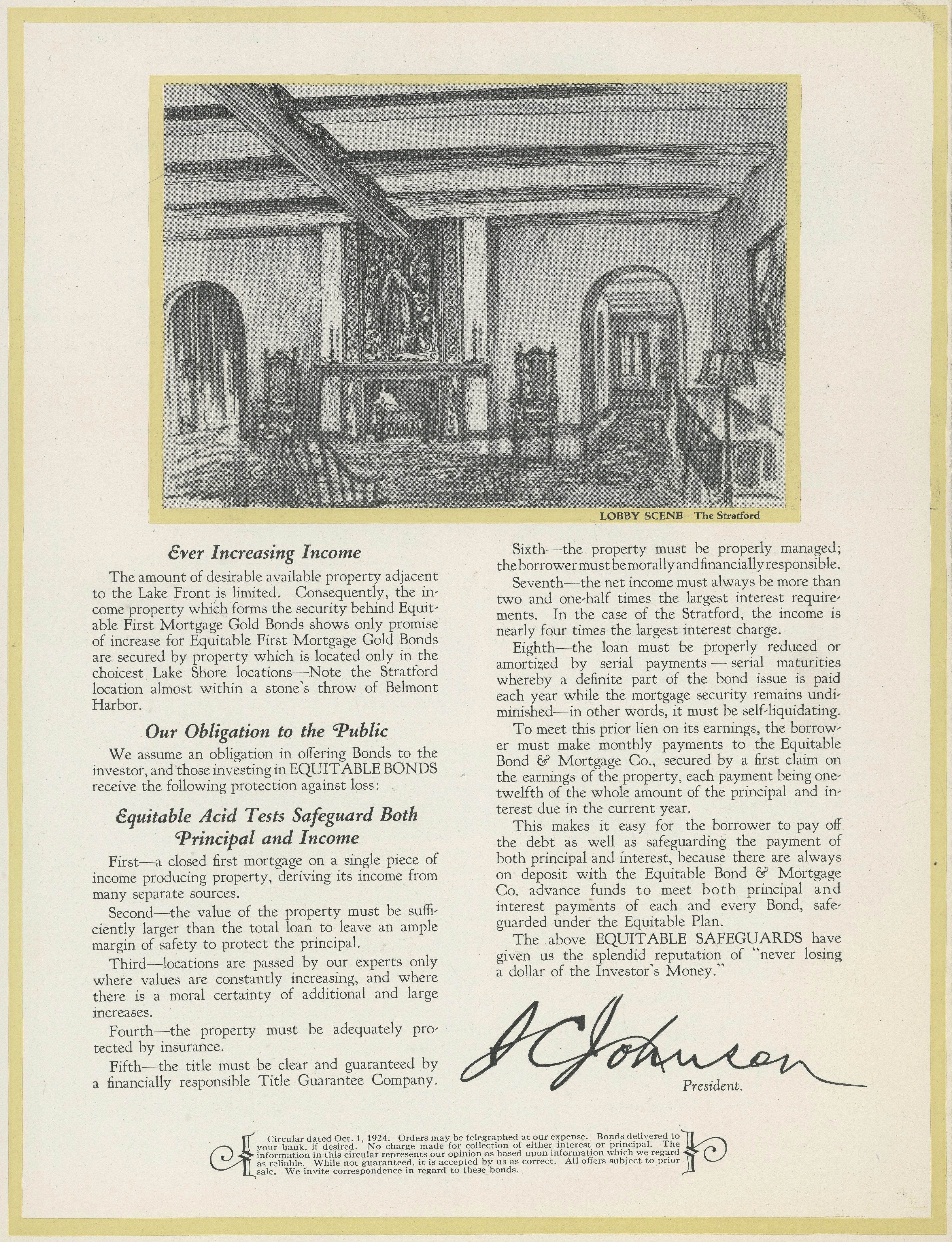 original promotional brochure for paul fredrick olsen's hotel stratford (1923), located at 4131 north sheridan road, chicago, il.