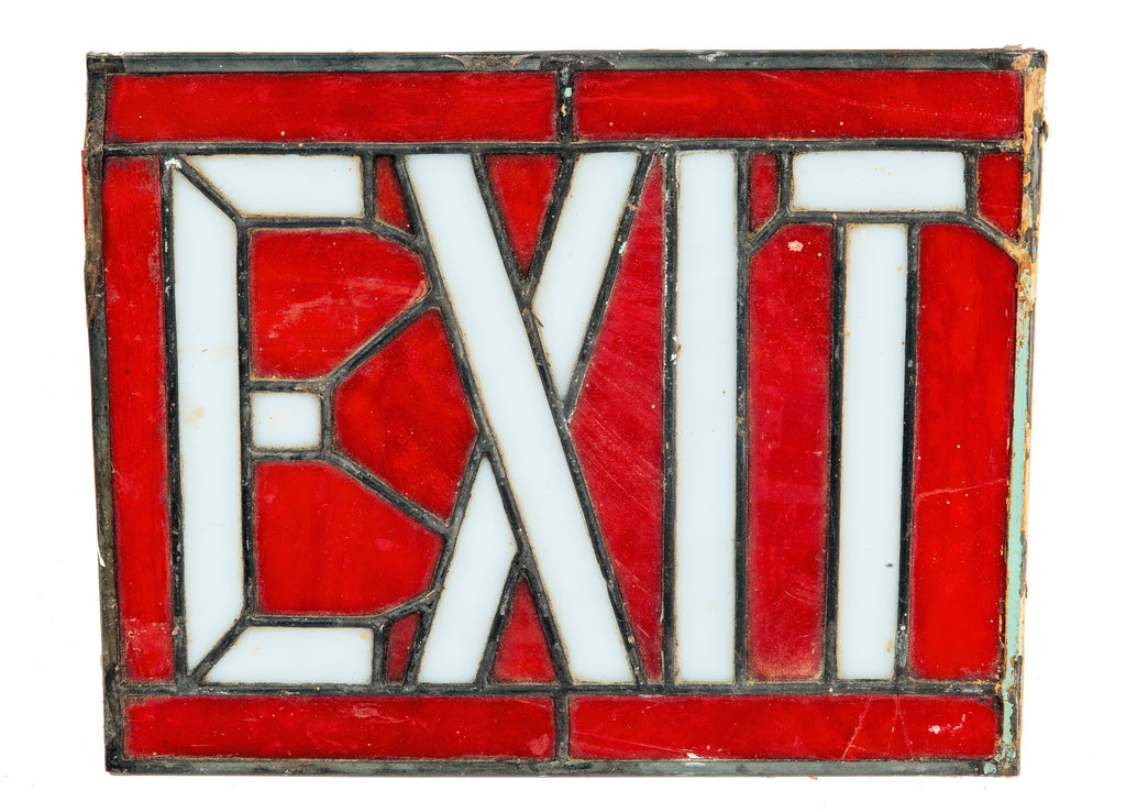 original 1928 stained glass exist sign salvaged from racine's venetian theater