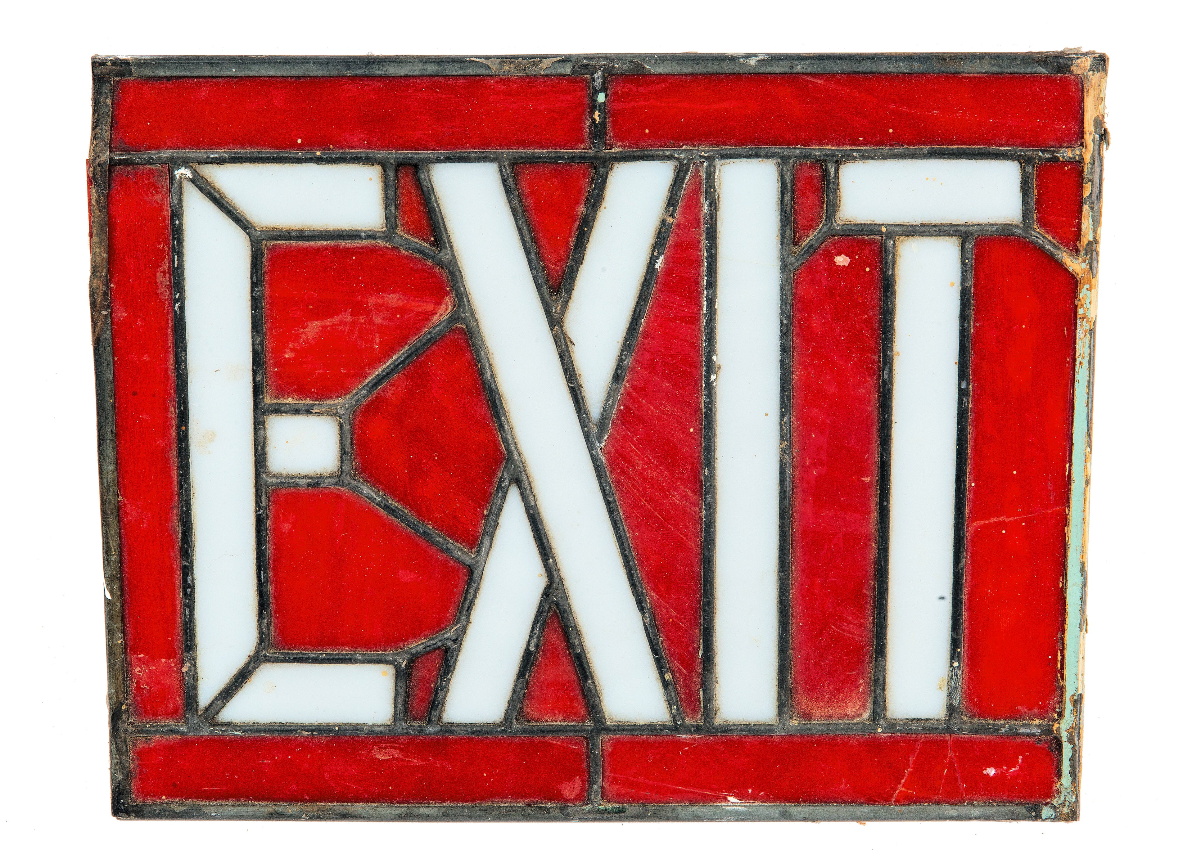 original 1928 stained glass exist sign salvaged from racine's venetian theater