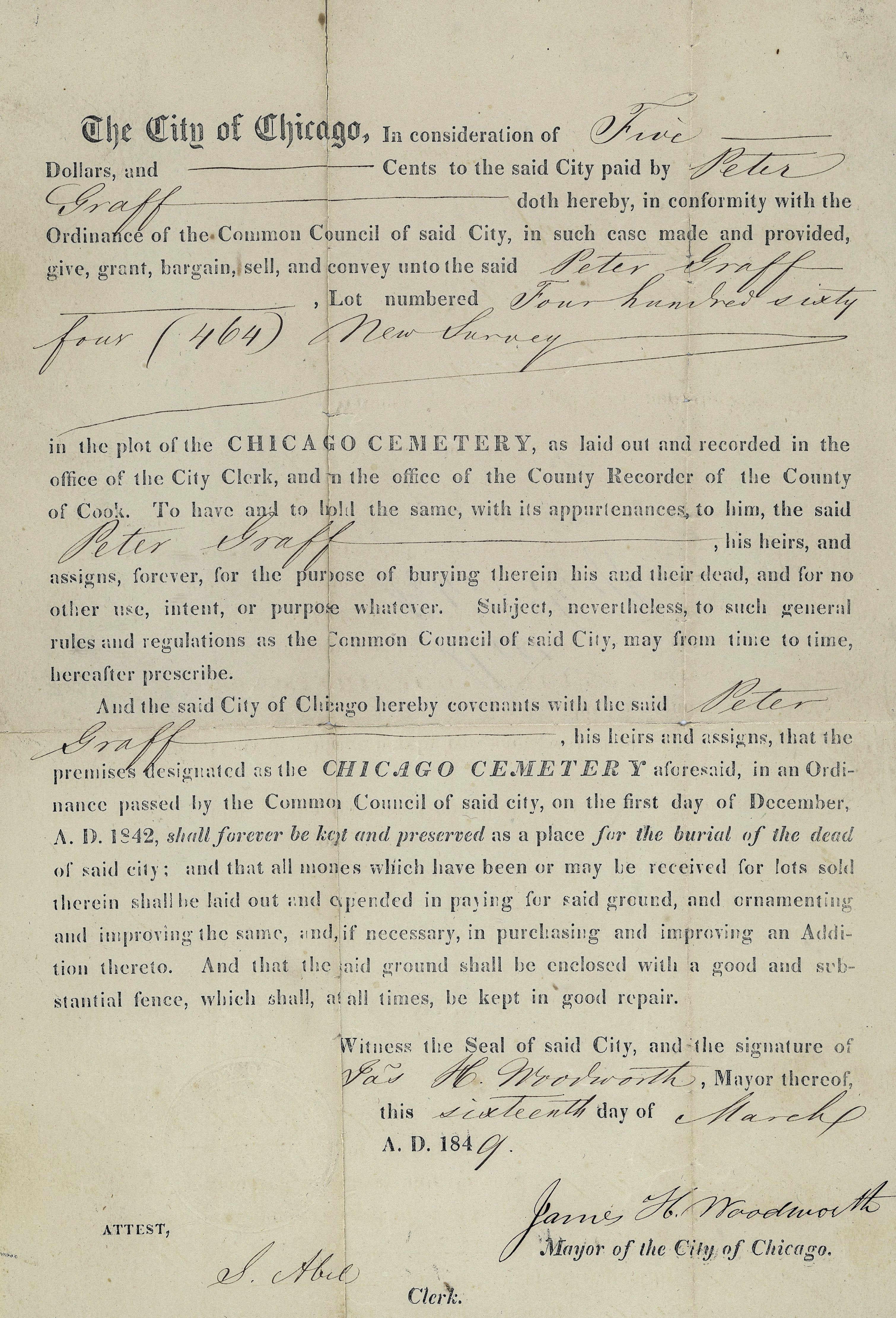 found. deed for chicago city cemetery plot number 464, issued to peter graff in 1849 and signed by mayor james h. woodworth