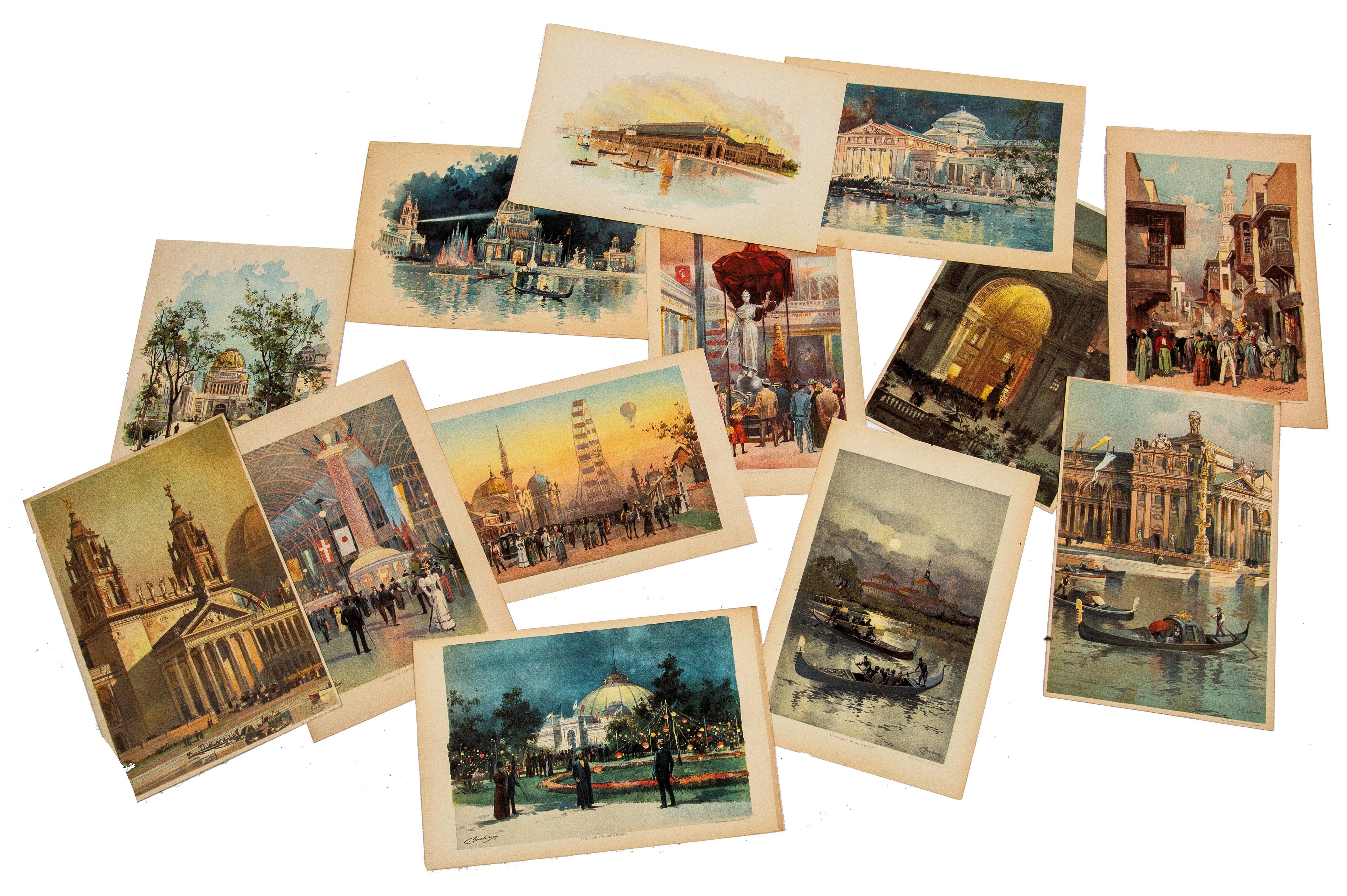 collection of 1893 colored lithographs from the chicago world's fair or columbian exposition by the art lithograph company, chicago, il.