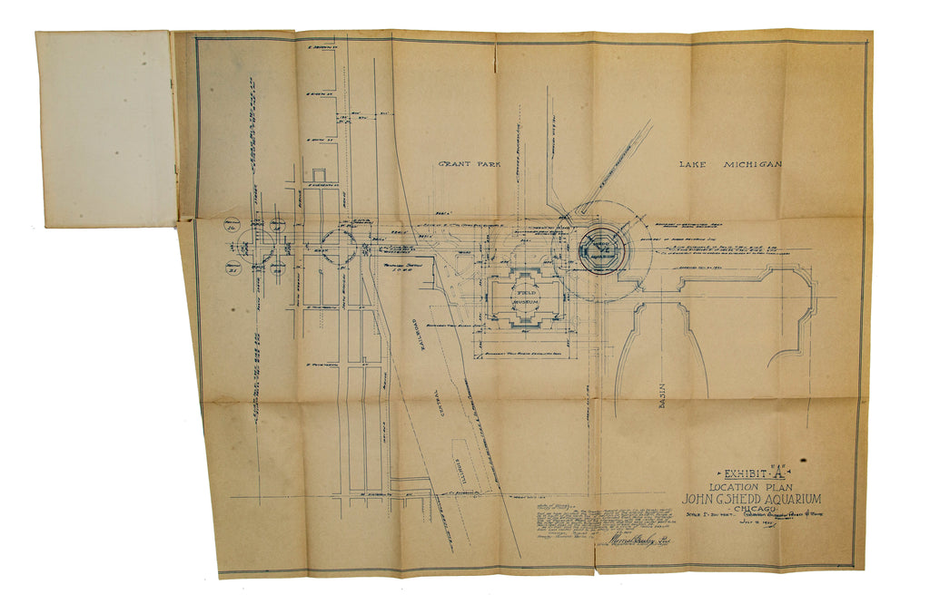 rare 1925 original agreement with fold-out blueprint between shed aquarium society and john g. shedd